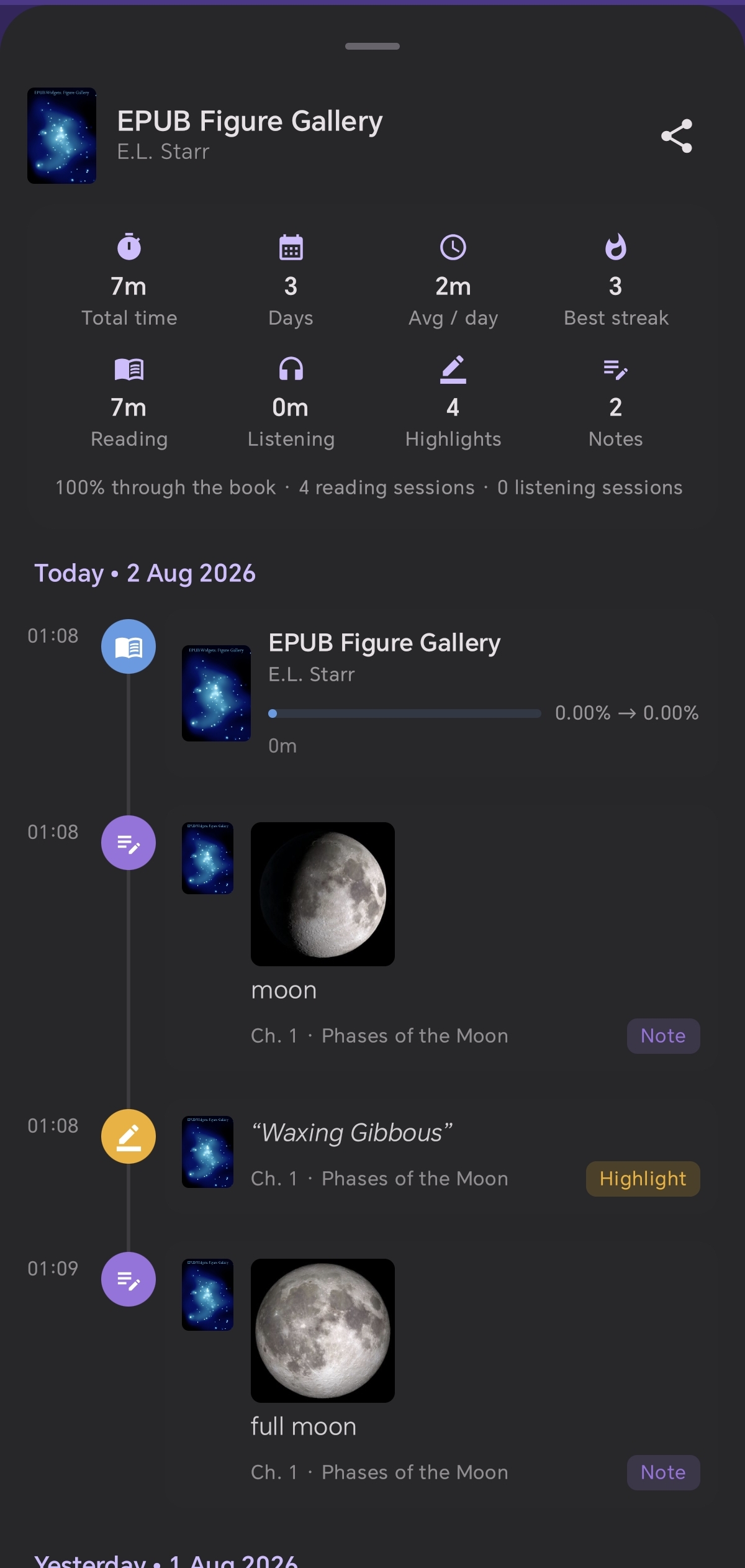 Insights screen for novel reading journey tracking
