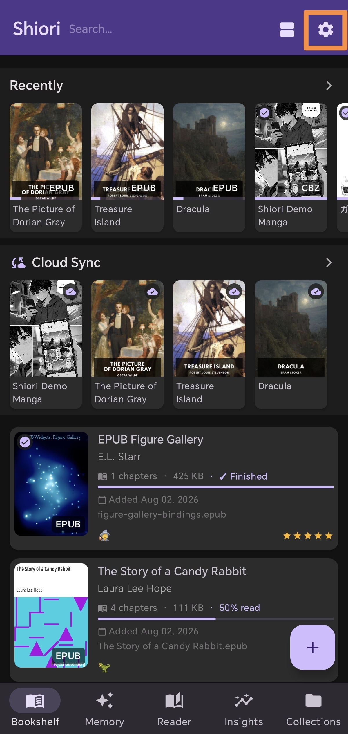 Step 3: Tap settings icon on Shiori bookshelf
