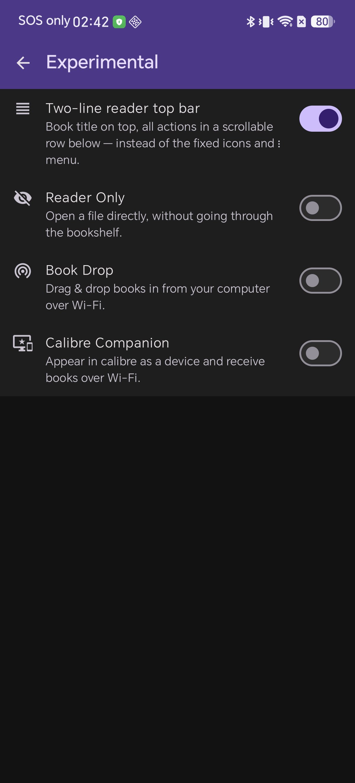 Shiori's Experimental settings showing Book Drop switch