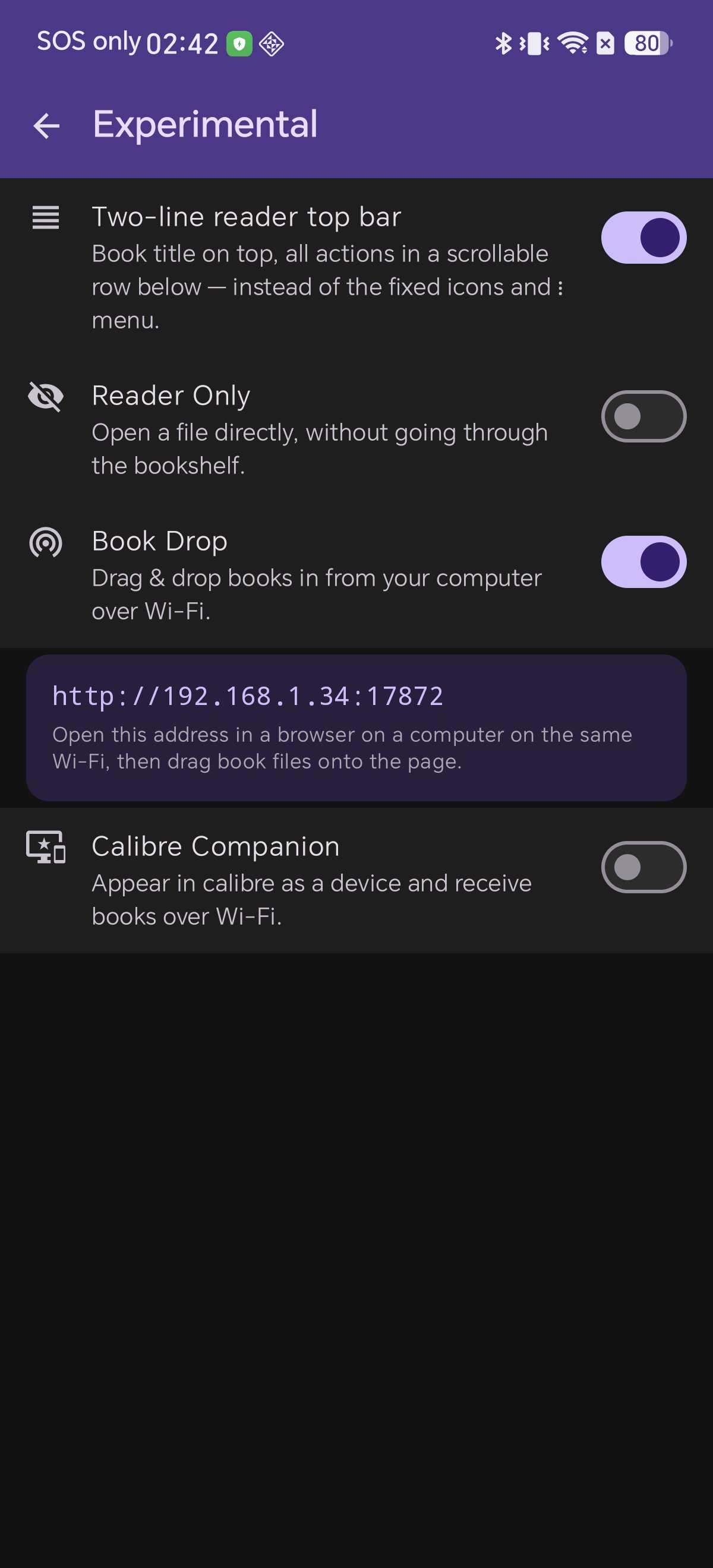 Book Drop switched on in Shiori showing the phone's Wi-Fi address