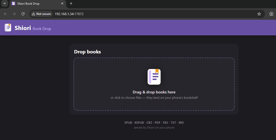 Shiori Book Drop page open in a desktop browser