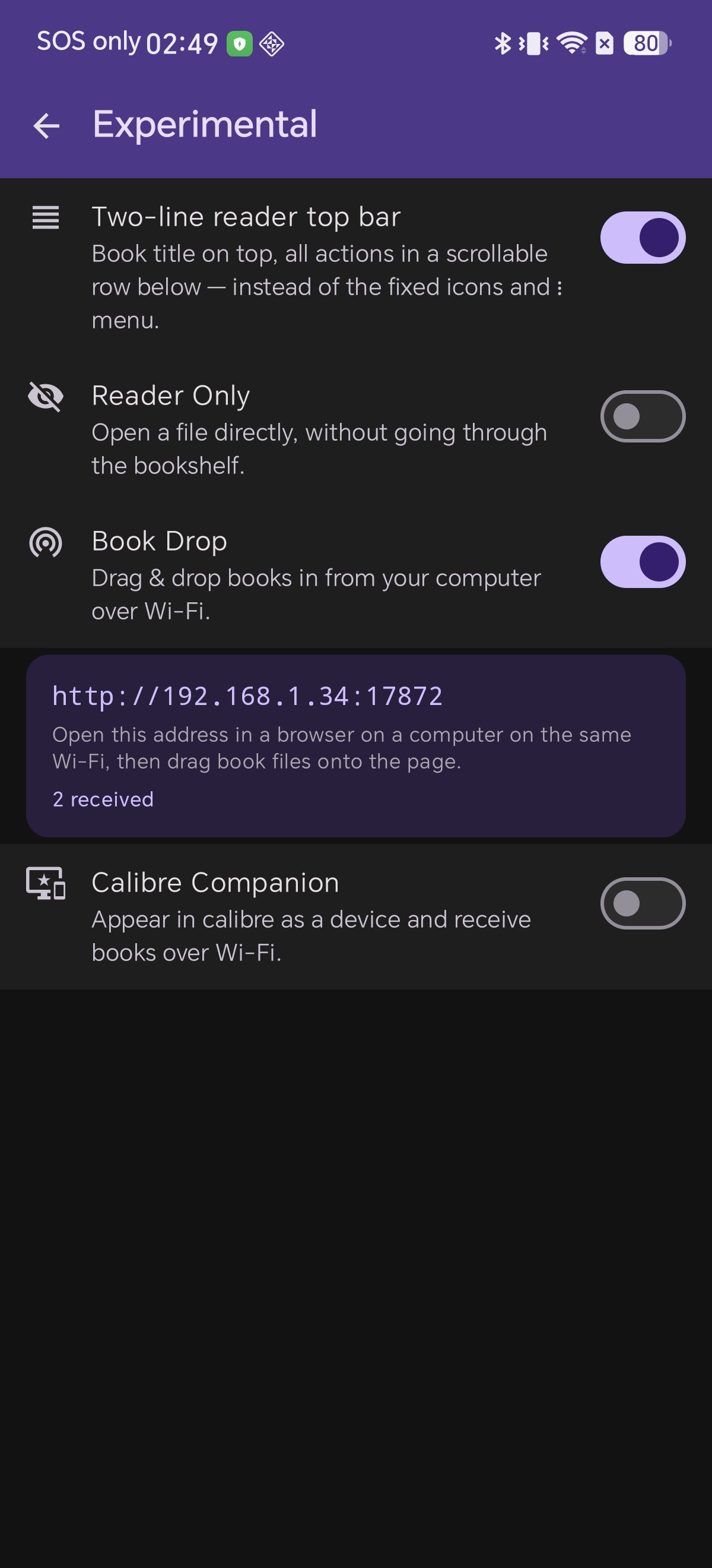 Book Drop settings card showing received count