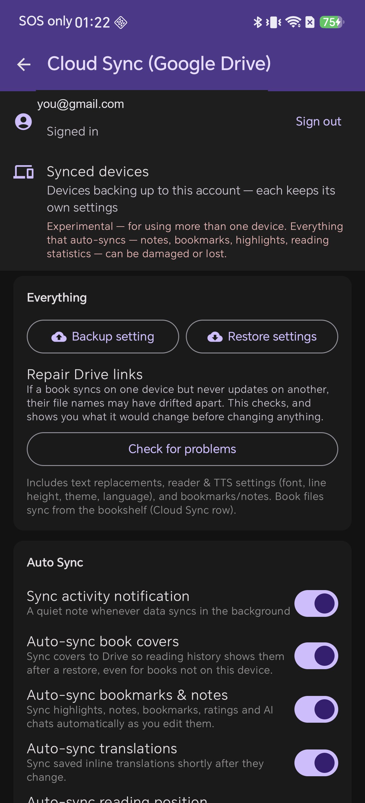 The Cloud Sync settings screen in Shiori showing account, synced devices and Everything card