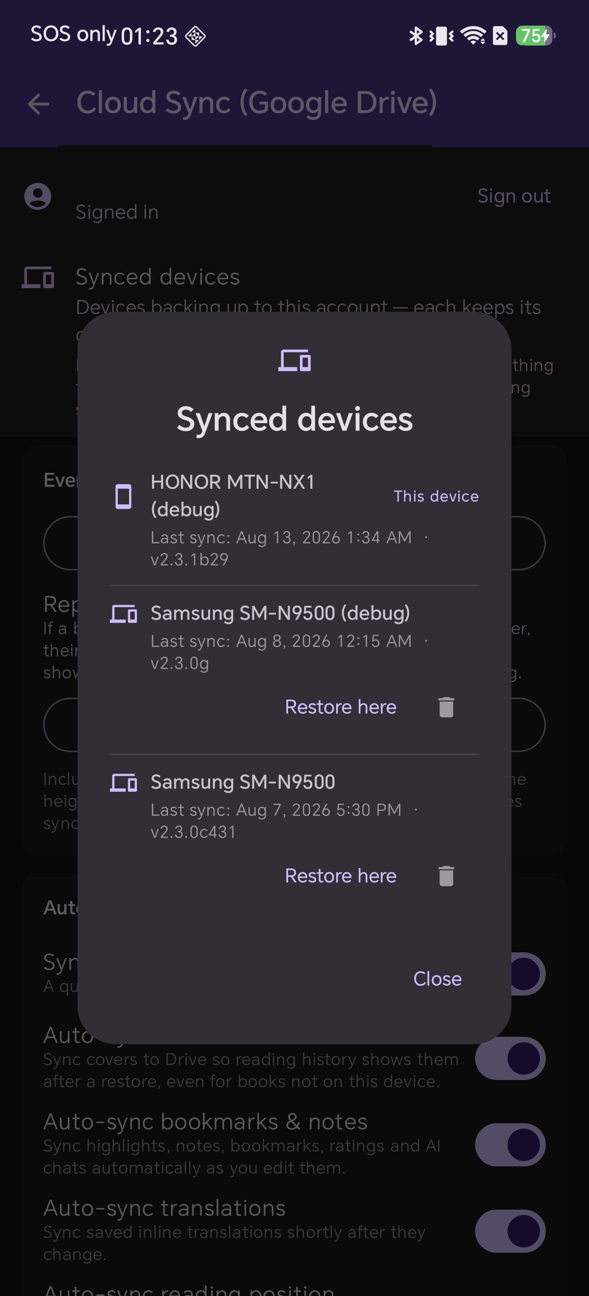 Synced devices list in Shiori Cloud Sync showing connected device models and sync times