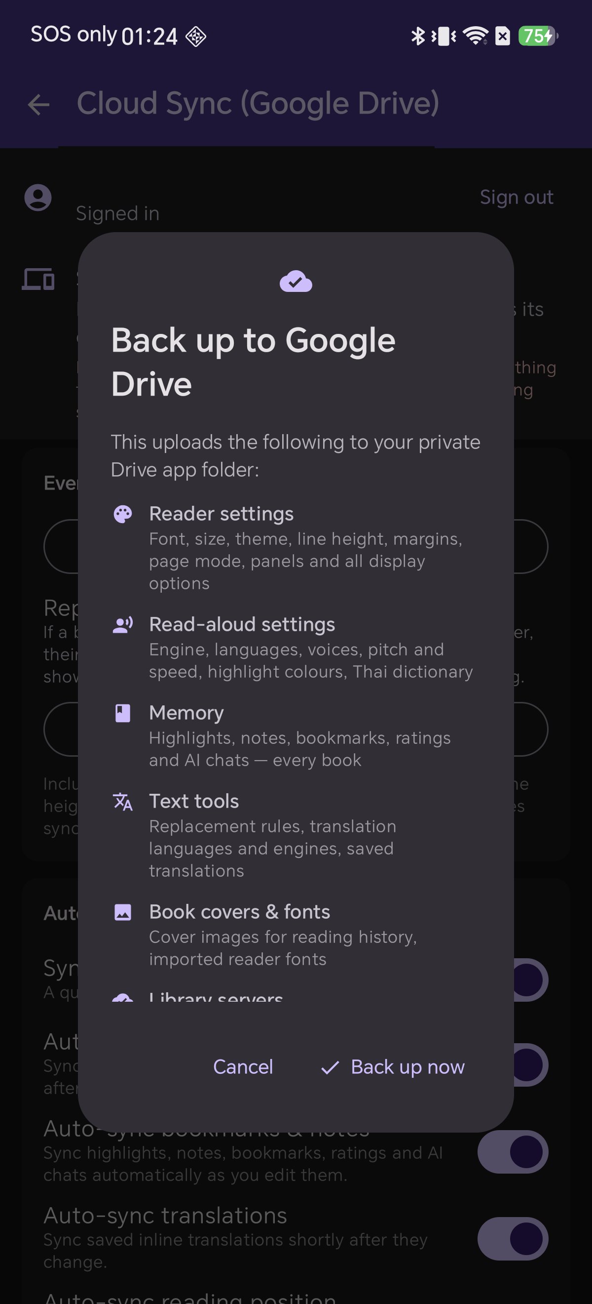The backup inventory dialog in Shiori showing exactly what is included in a settings backup