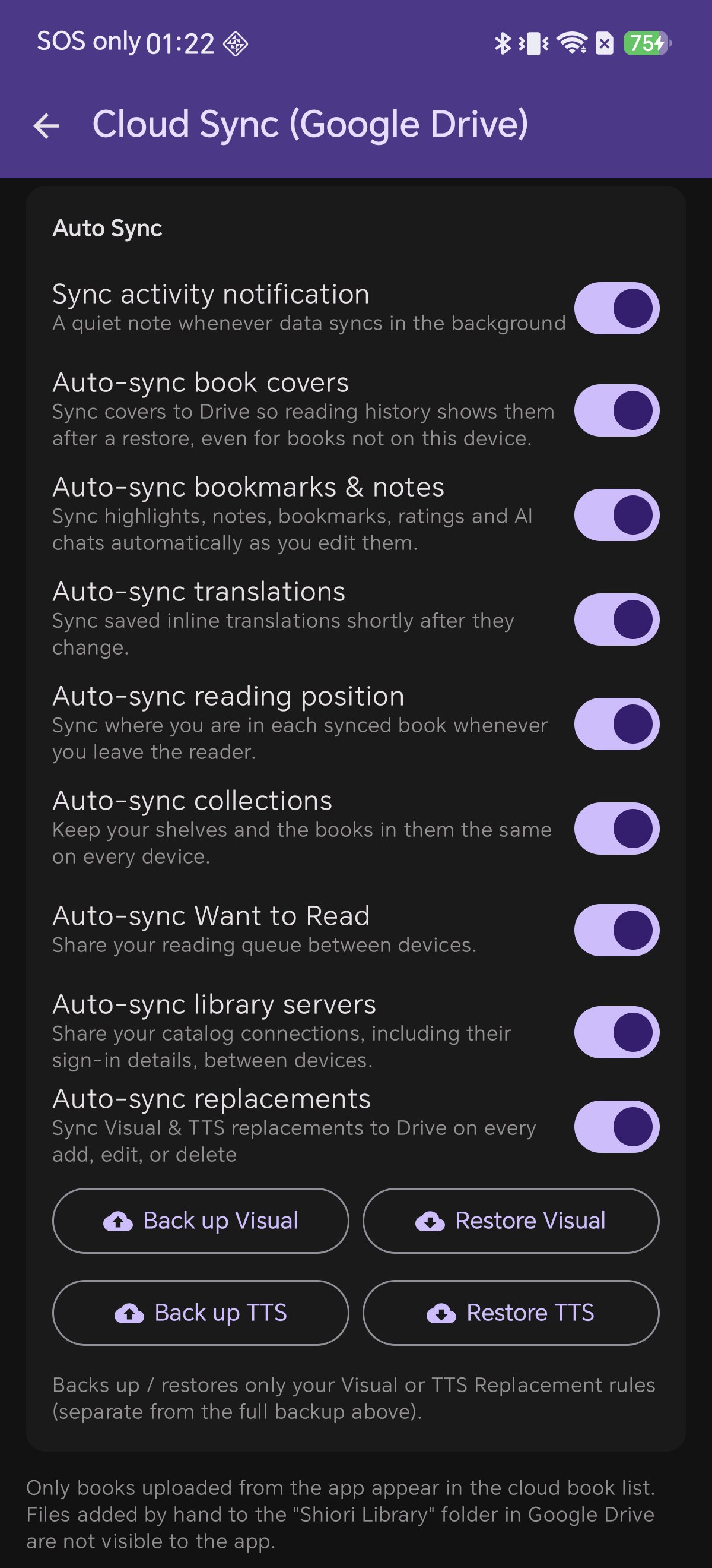 Shiori Auto Sync toggles for covers, bookmarks, reading position, collections and replacements