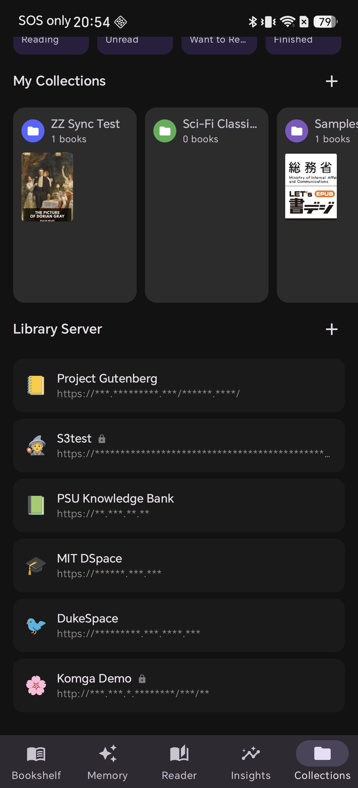 The saved Komga server in the Library Server list with its URL masked