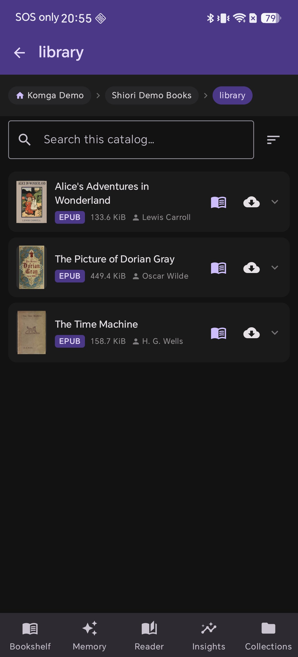 The book list showing cover art, titles, authors, format and size
