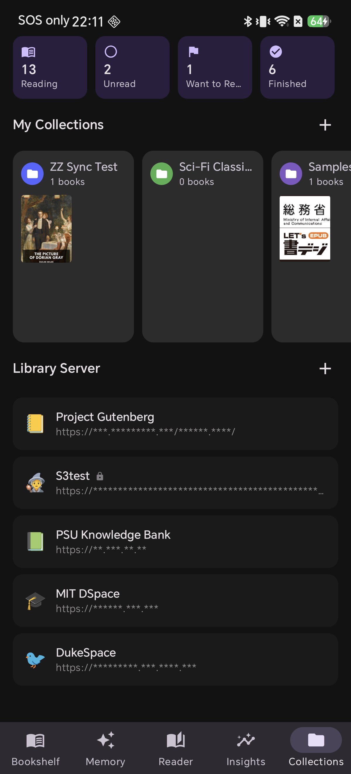 The Library Server section in Shiori's Collections tab, with the add button for a new OPDS catalog