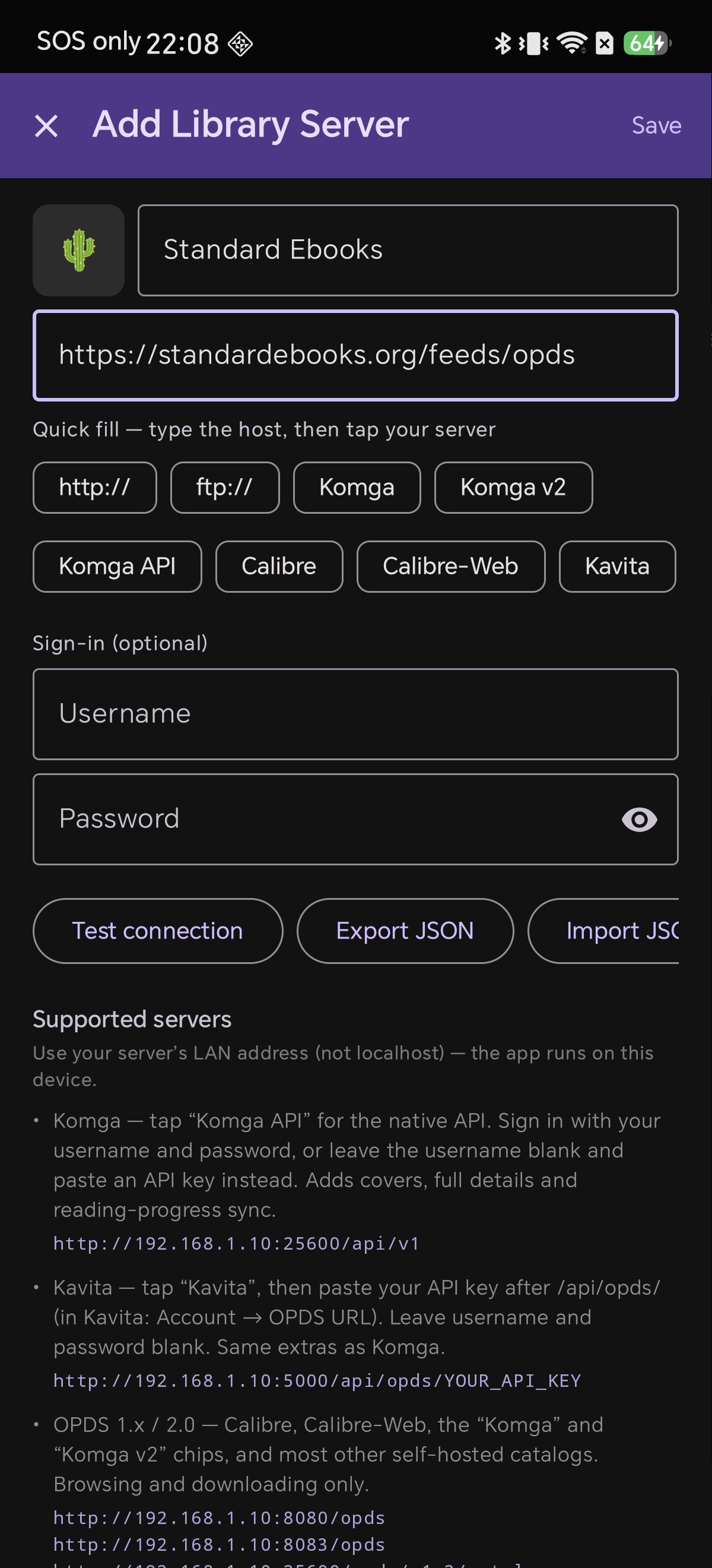 Entering an OPDS catalog URL in Shiori's Add Library Server form, with quick fill chips for Calibre, Komga and Kavita