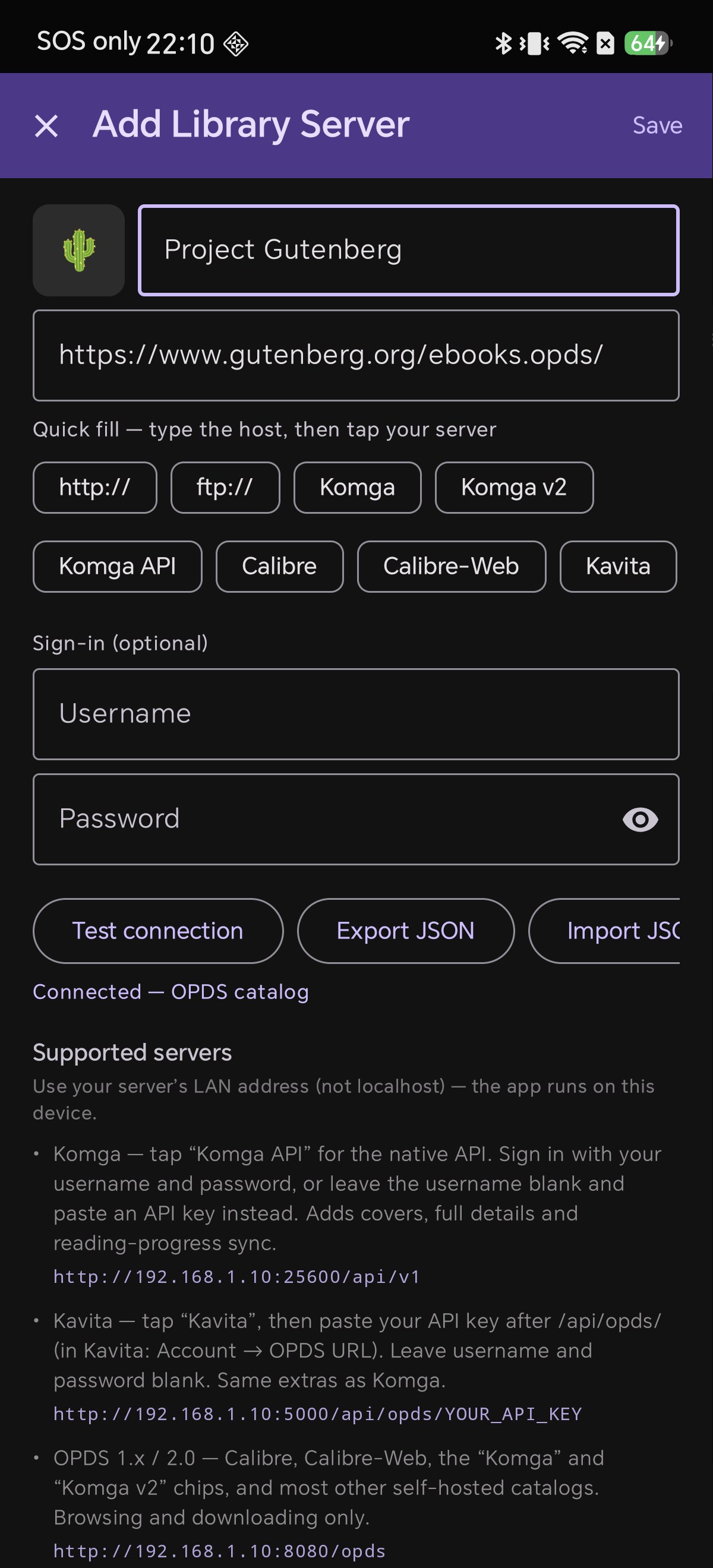 Shiori confirming a working OPDS feed with the message Connected — OPDS catalog