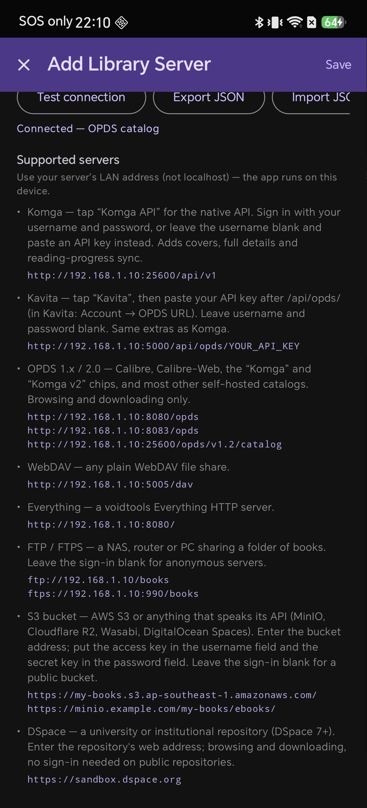 Shiori's supported servers reference listing OPDS, Komga, Kavita, WebDAV, FTP, S3 and DSpace example URLs