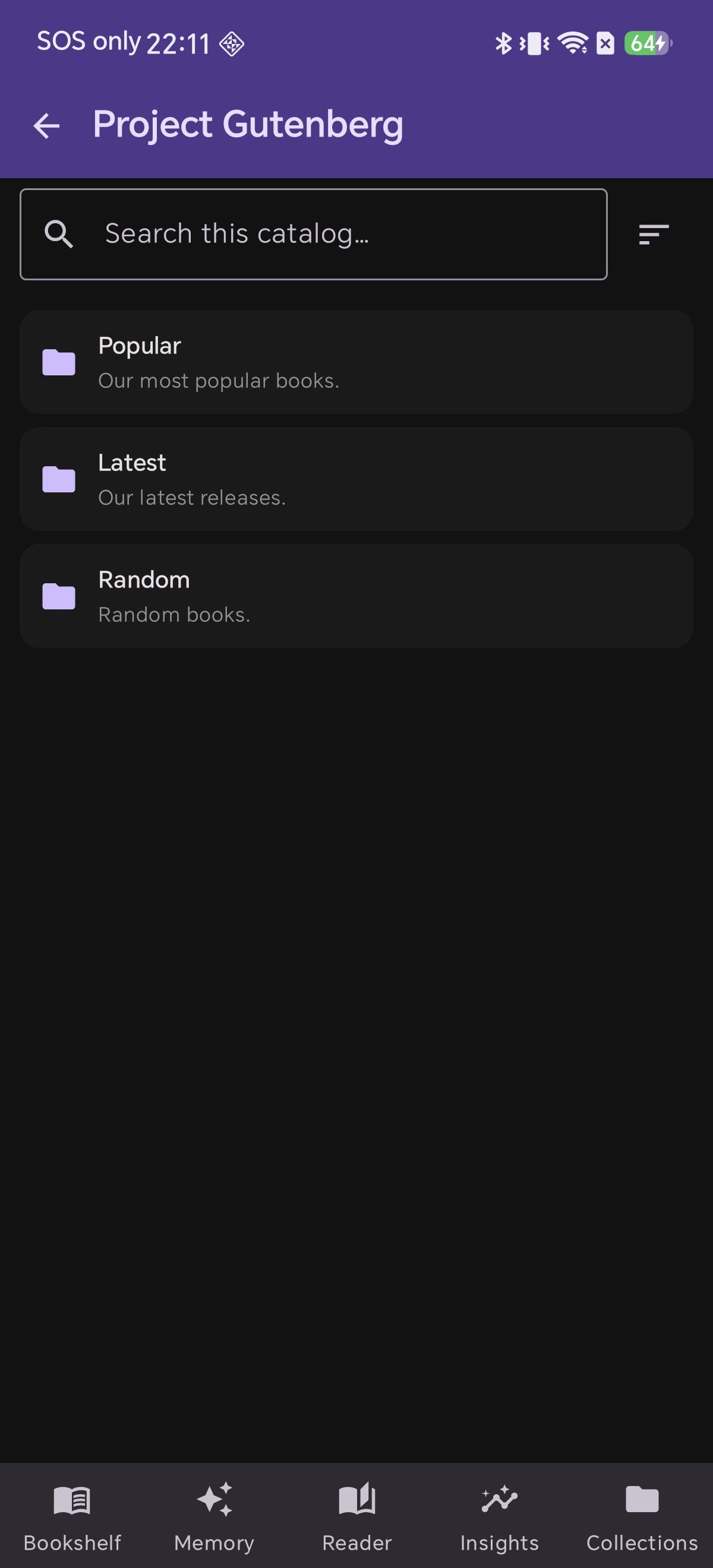 Browsing an OPDS catalog in Shiori, showing the feed's own sections as folders