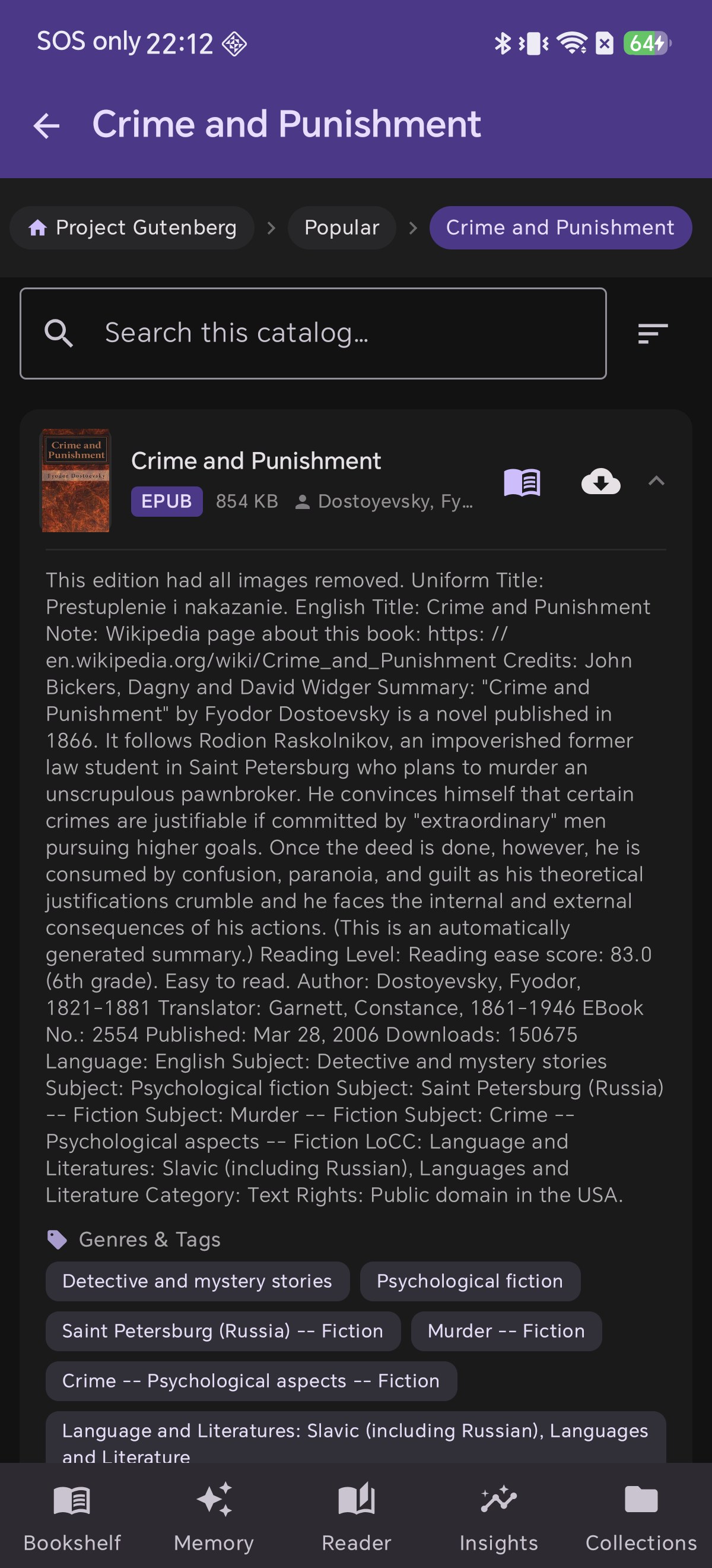 An expanded OPDS catalog entry in Shiori showing the book description, subject tags and the download button