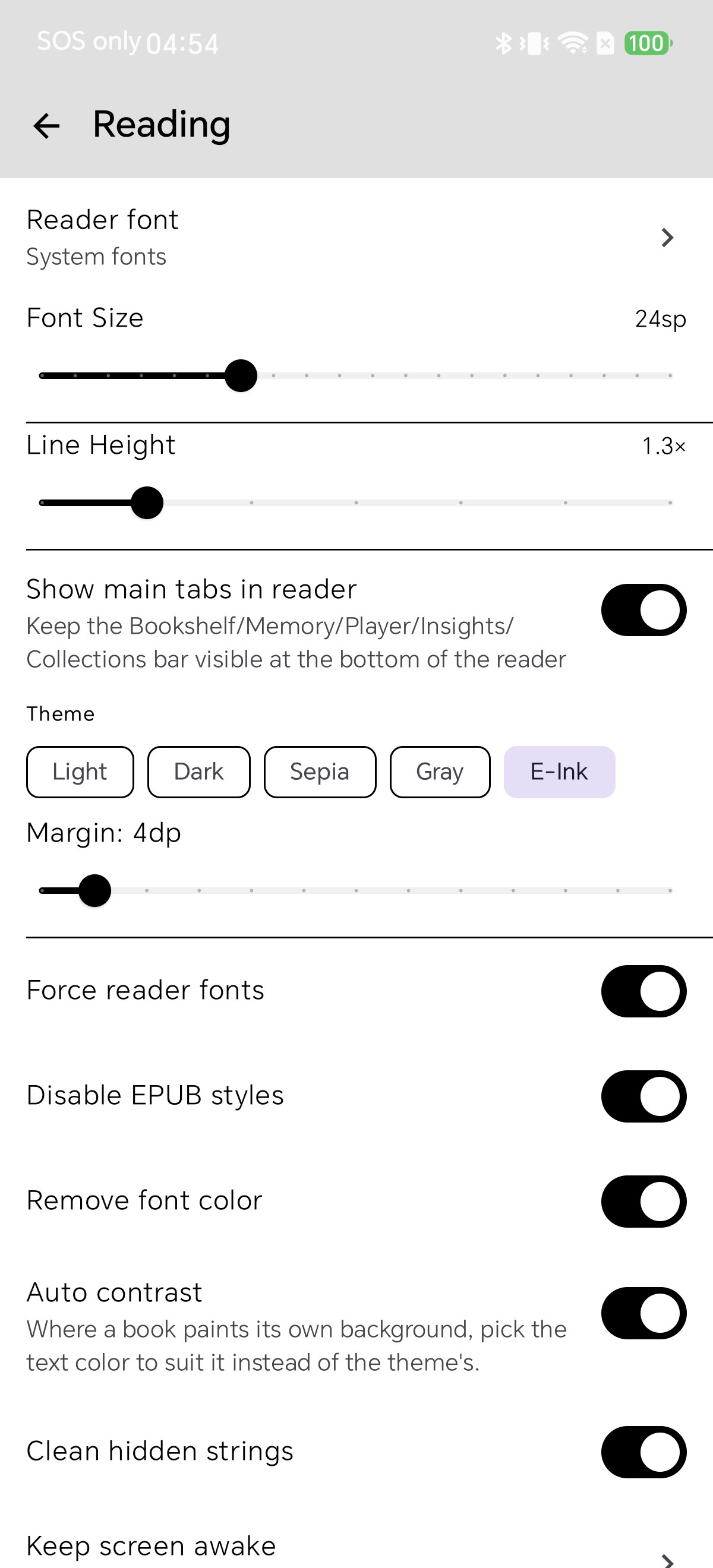 Select the E-Ink theme in Shiori reading settings on Android