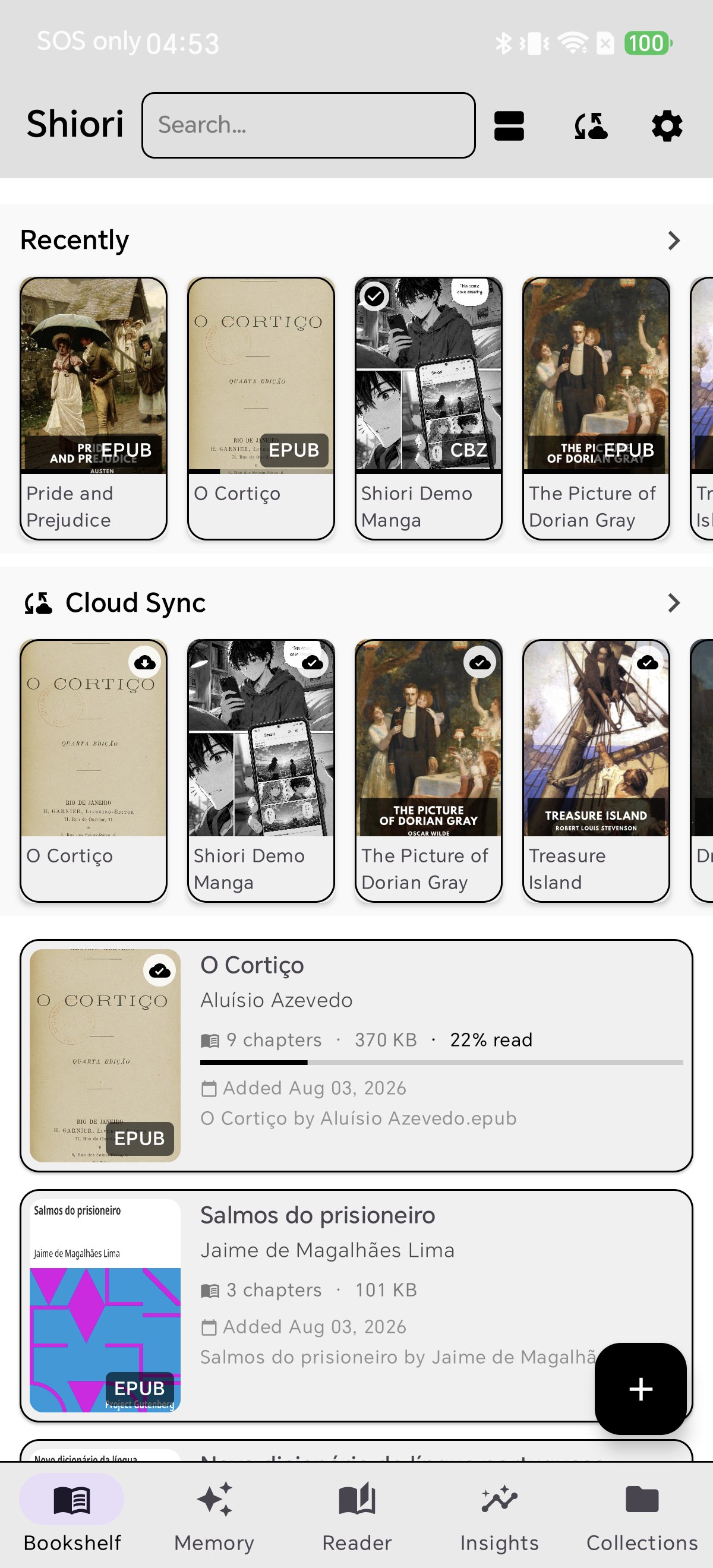 Shiori bookshelf in E-Ink theme showing app-wide high-contrast layout