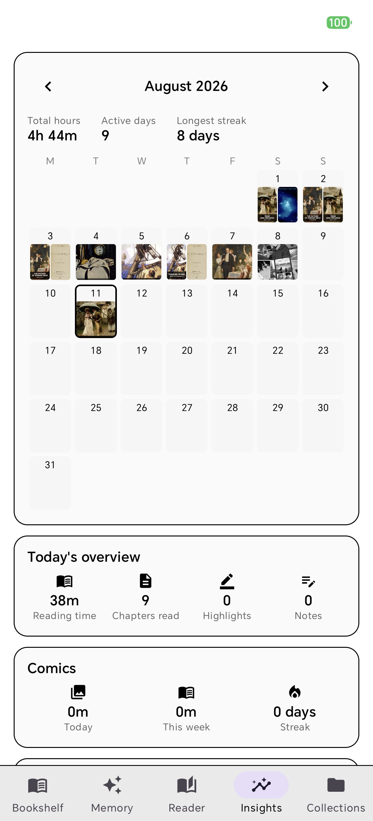 Reading statistics and calendar shown in E-Ink theme in Shiori