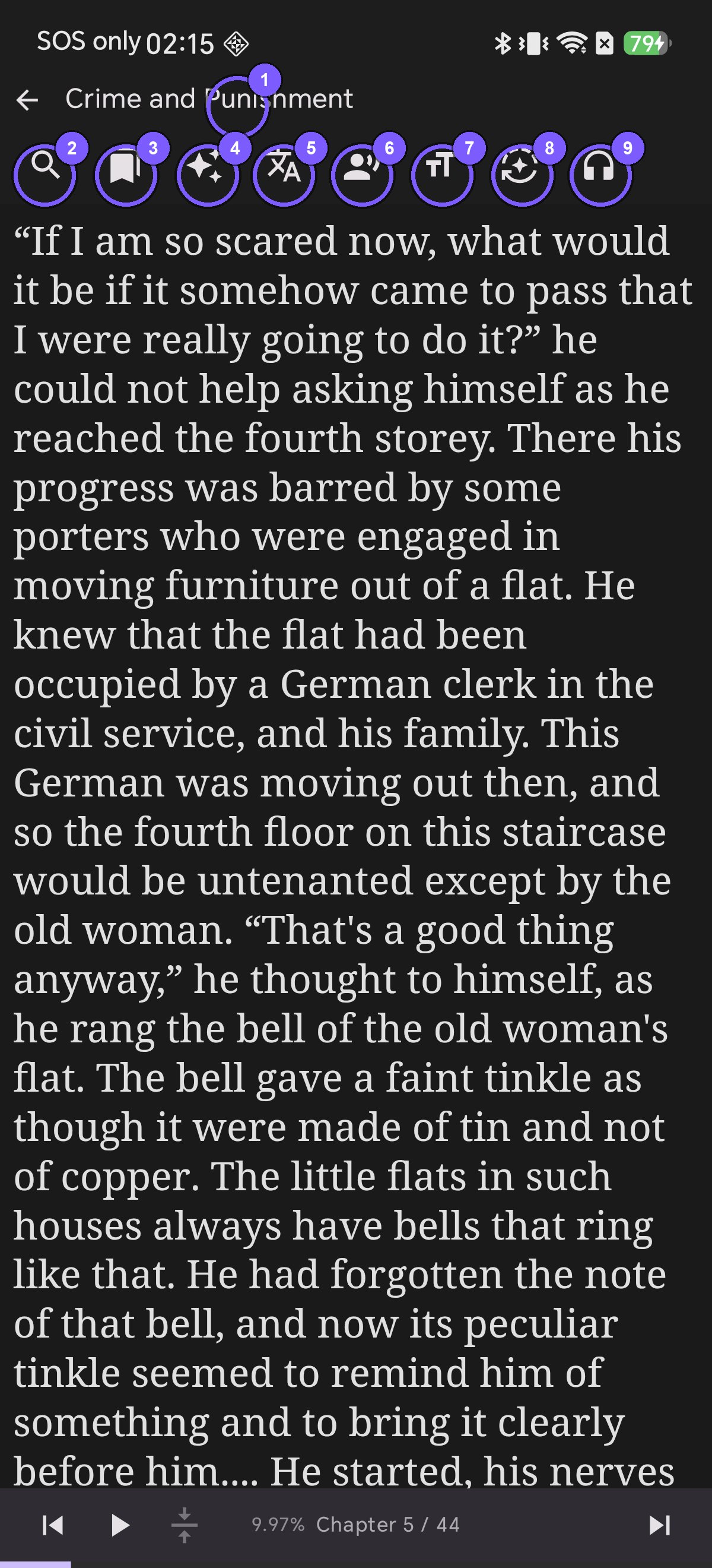 Shiori's EPUB reader top bar on Android with nine numbered touch targets