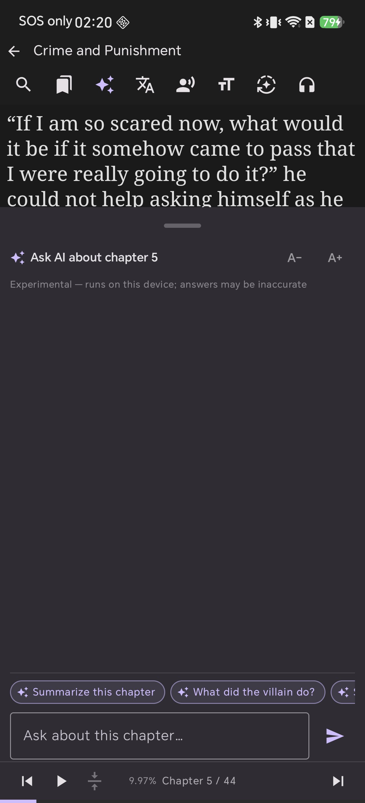 The Ask AI panel in Shiori scoped to the current chapter with suggested questions