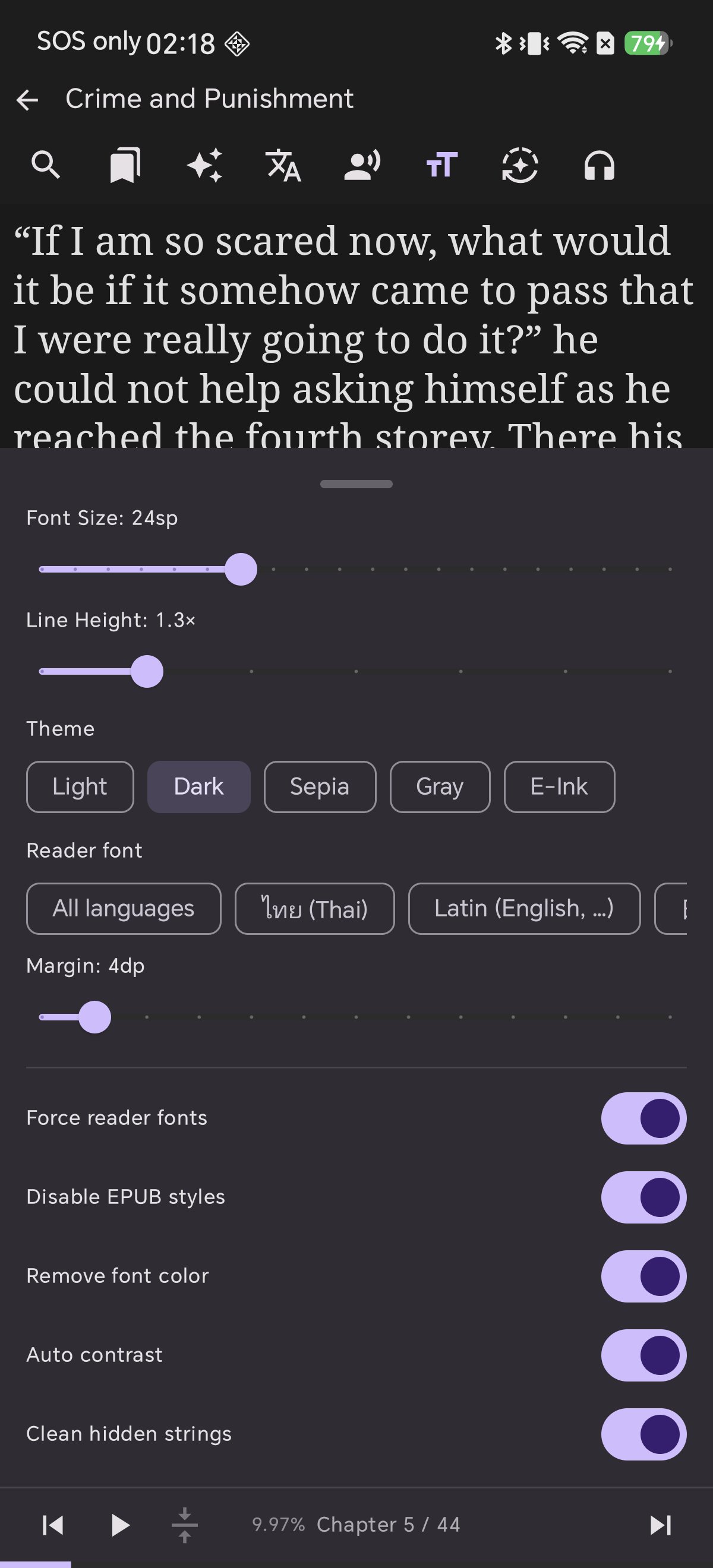 Shiori's display settings panel with font size, line height, themes, reader fonts and style switches