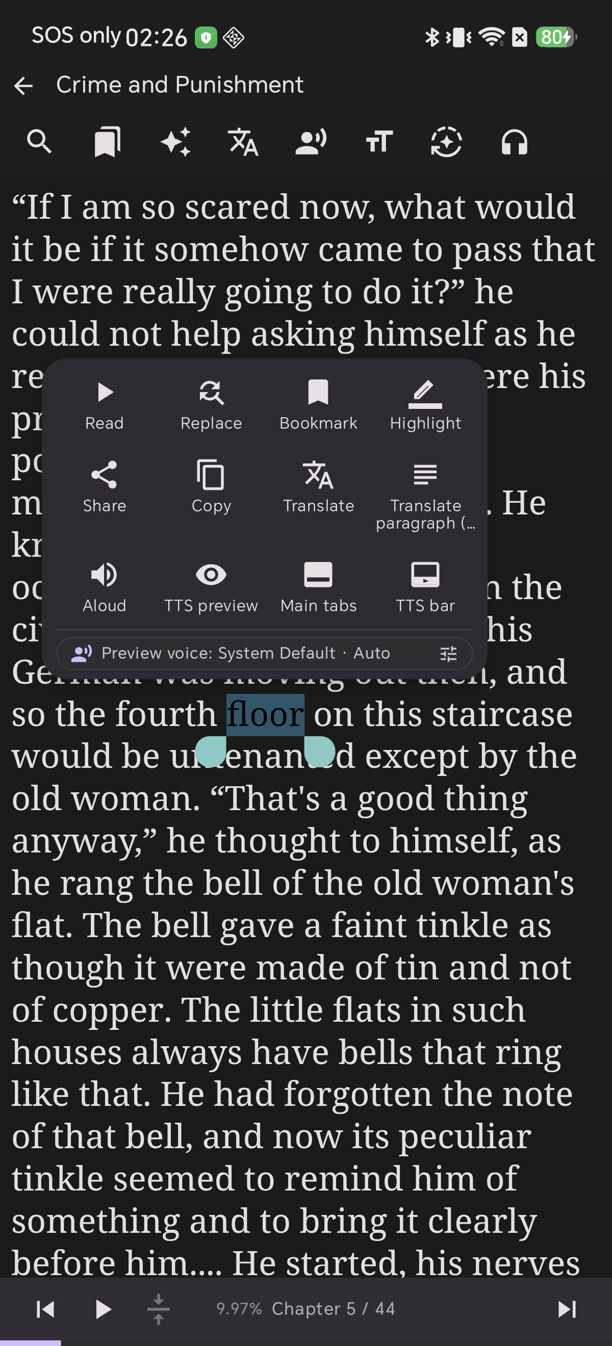 The text selection menu in Shiori's EPUB reader with twelve actions