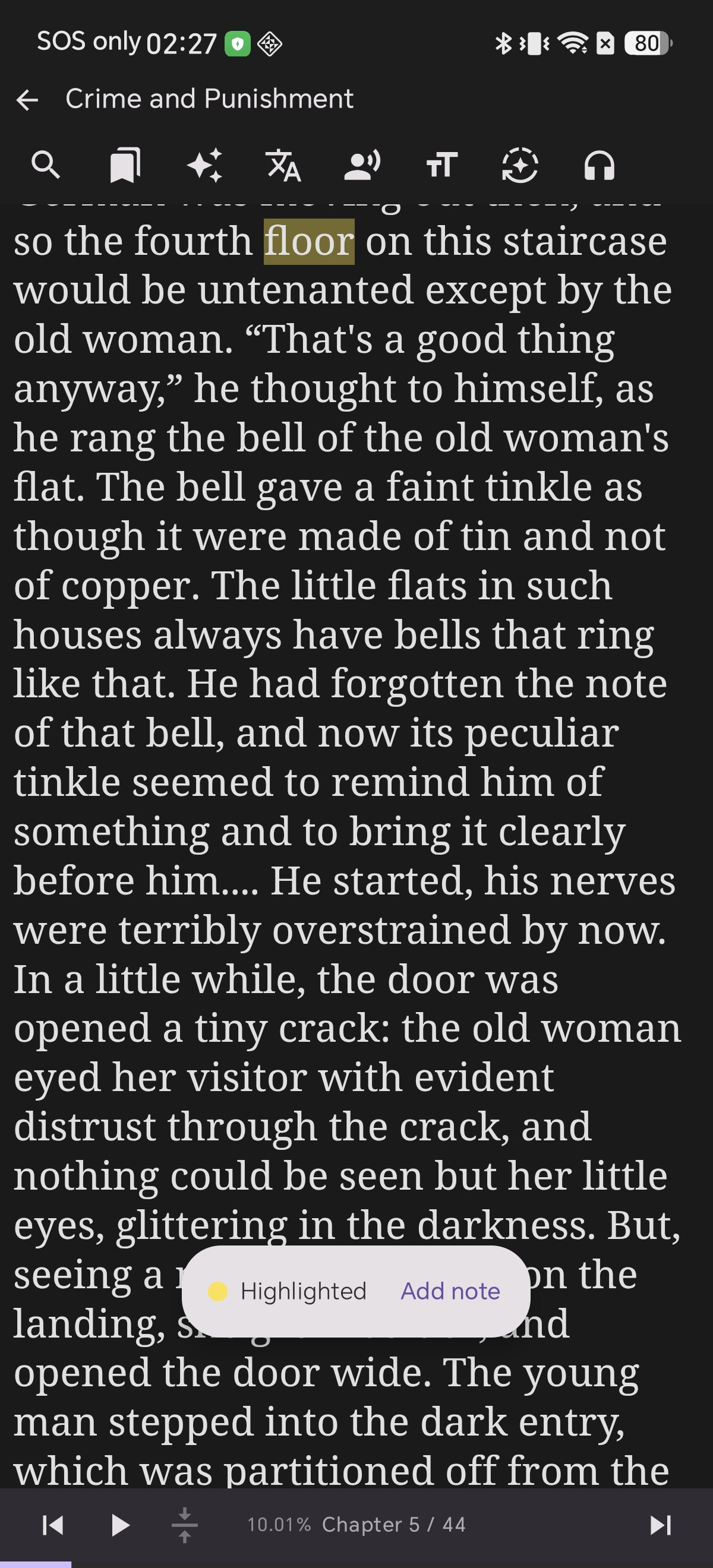 A yellow highlight applied in Shiori's reader with an Add note prompt