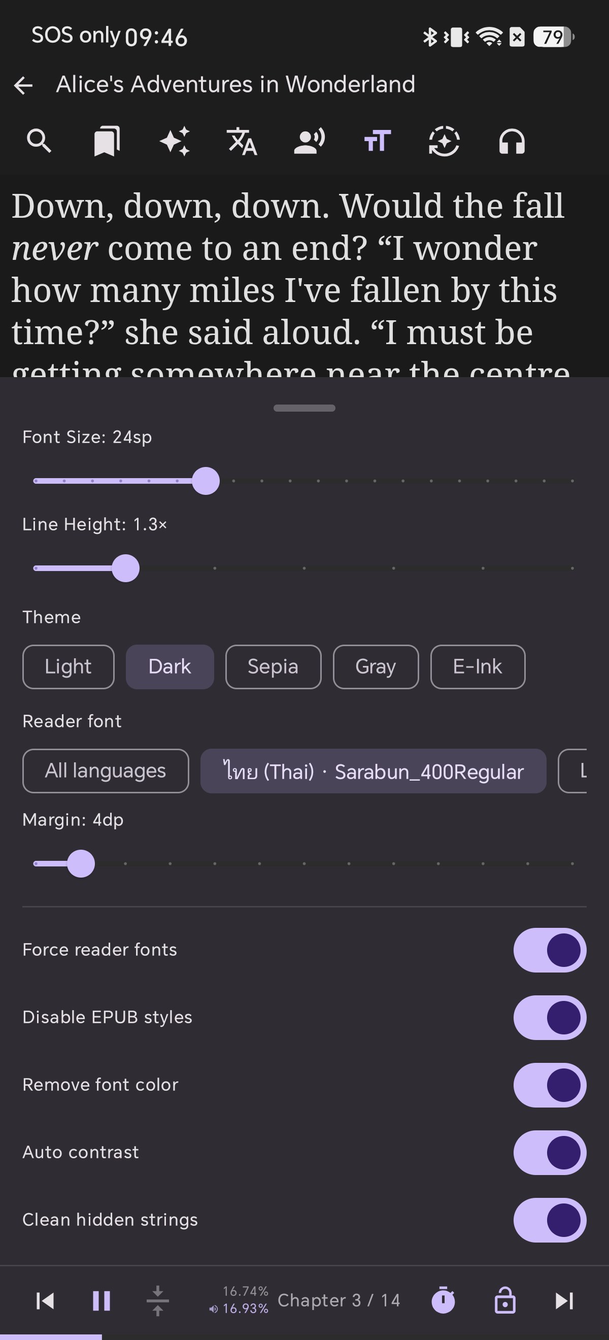 Reading settings theme picker with Light Dark Sepia Gray E-Ink