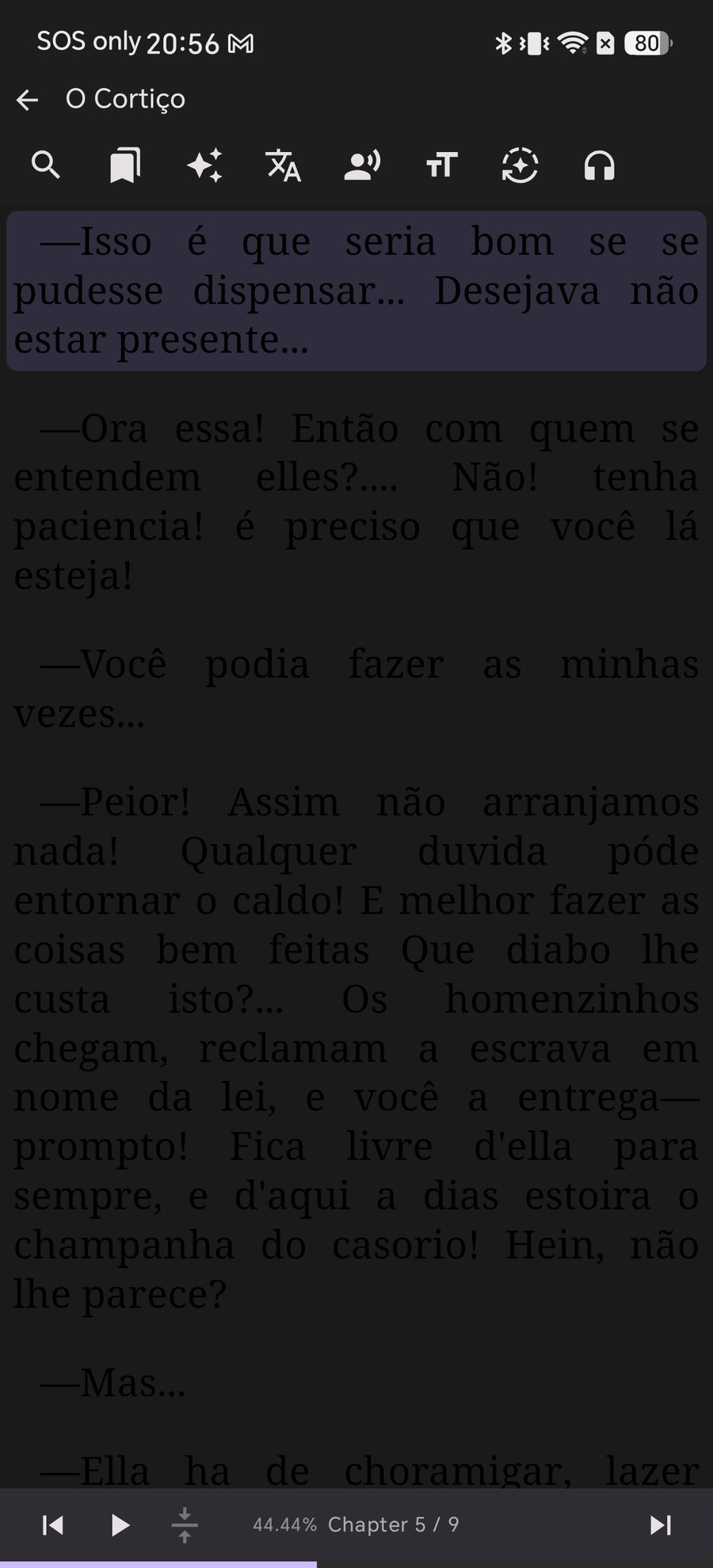 An EPUB rendered on Shiori's dark theme with the file's own styling, showing unreadable dark text on a black page