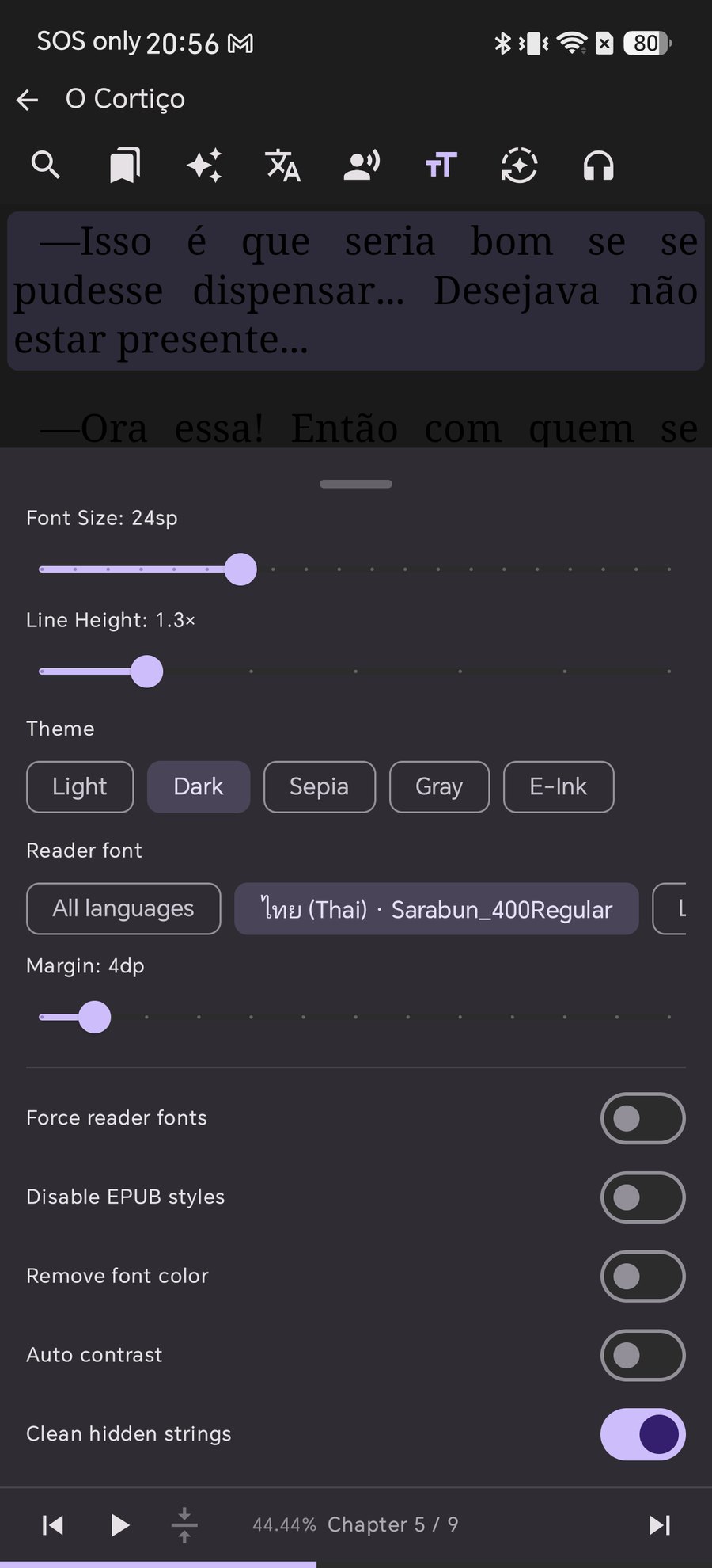 Shiori reading settings panel showing typography controls and style override switches