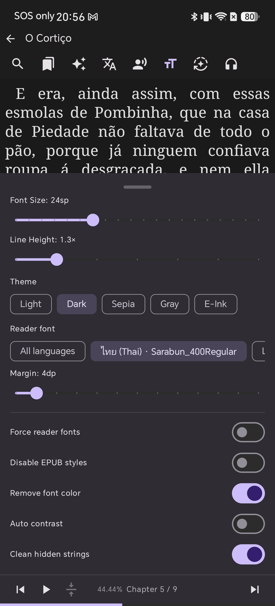 Reading settings panel with Remove font color switch enabled
