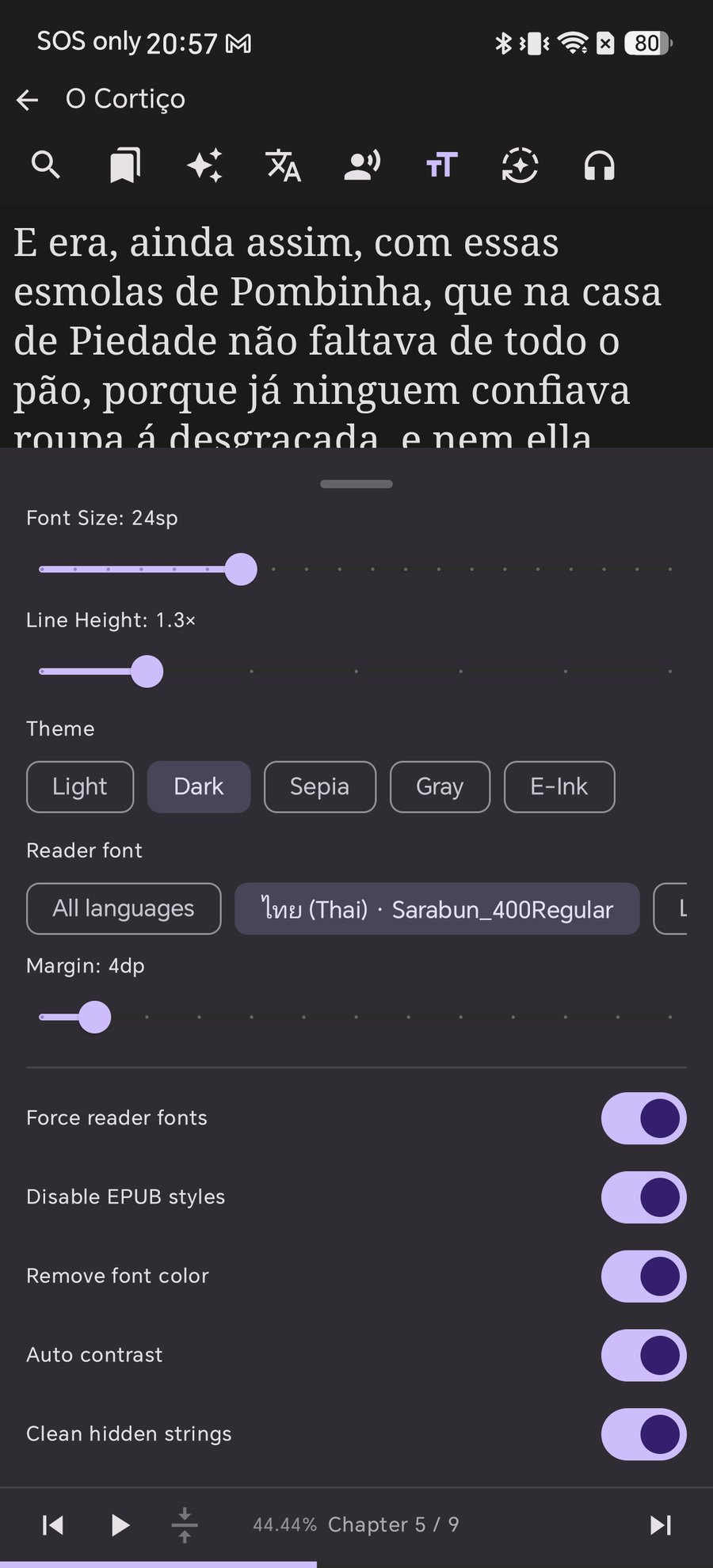 Reading settings panel with all style overrides enabled
