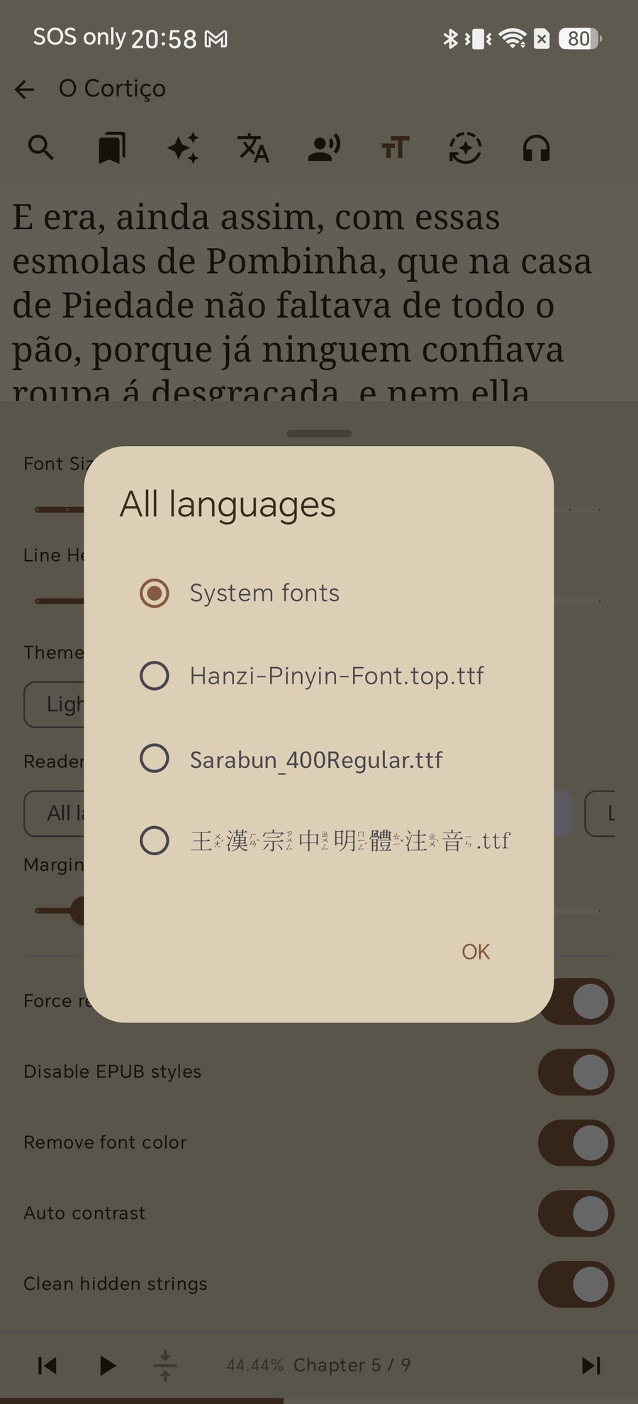 Shiori reader font picker dialog listing system and imported custom fonts