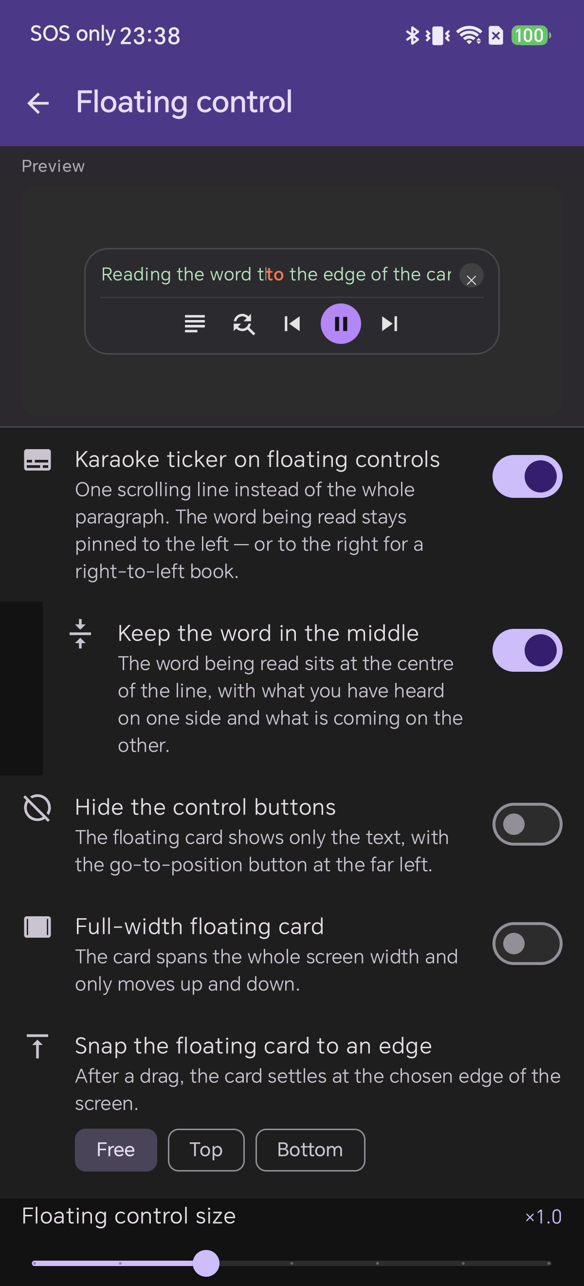 The Floating control settings page in Shiori showing the live preview card and the switches for karaoke ticker, keep the word in the middle, hide the control buttons, full-width card, and the Free Top Bottom snap options