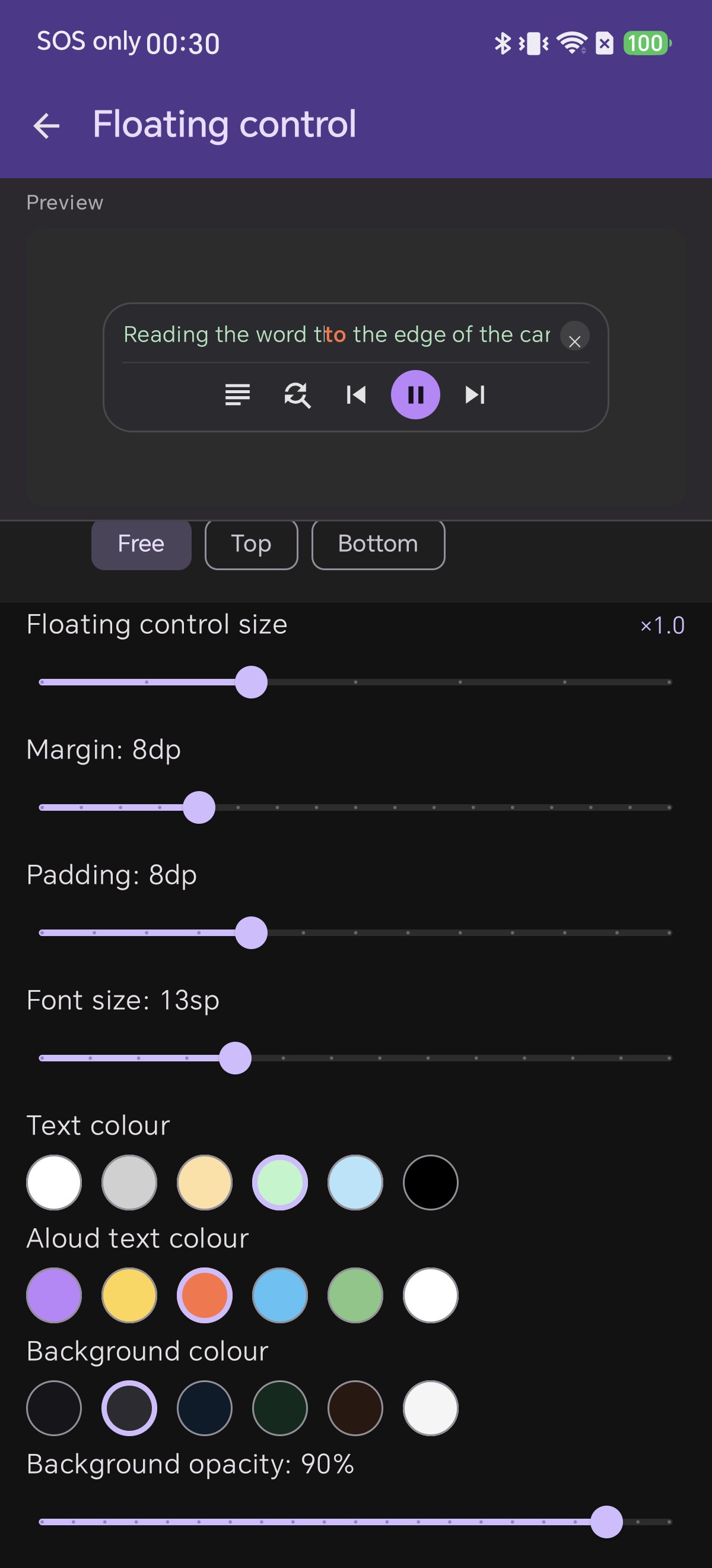 The lower half of the Floating control page showing the size, margin, padding and font size sliders, the text, aloud text and background colour palettes, and the background opacity slider