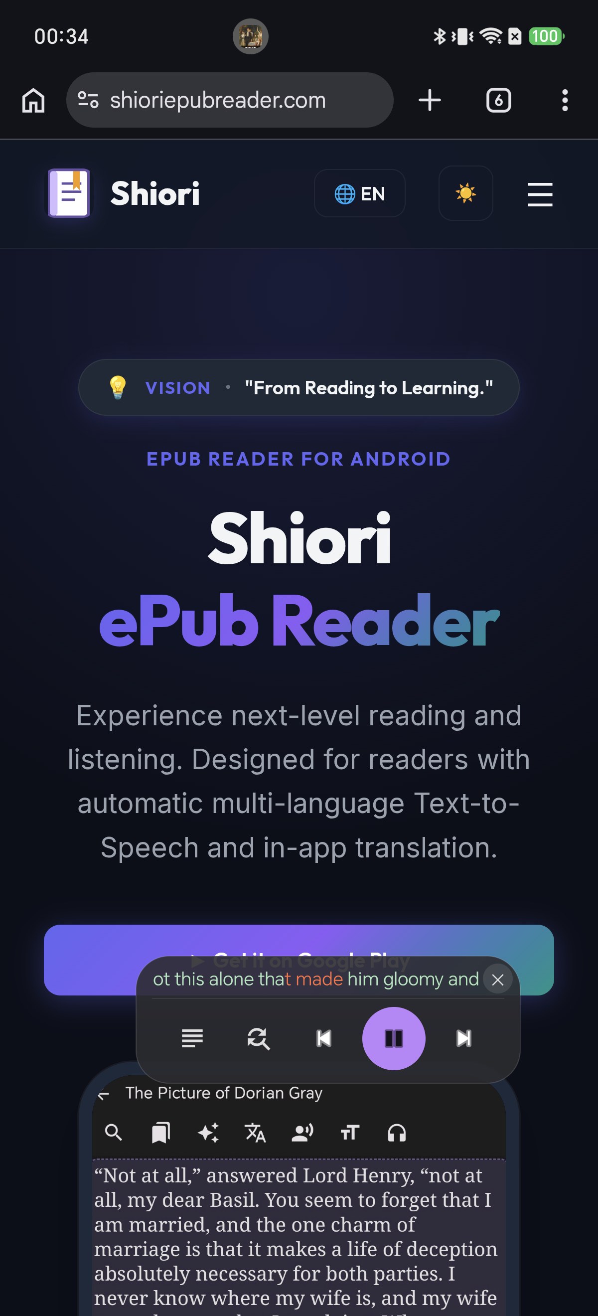 The Shiori floating control card sitting on top of a web browser, showing the current sentence with one word highlighted and the go-to-position, replacement, previous, play-pause and next buttons