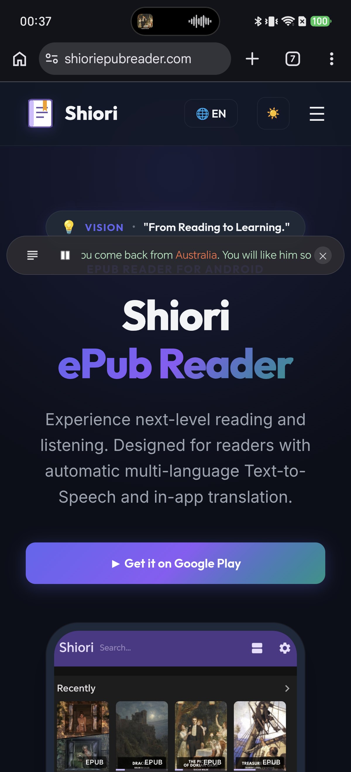 The floating controls in minimal full-width mode, a slim bar spanning the browser window with only the go-to-position button, a pause button, the scrolling karaoke line and a close button