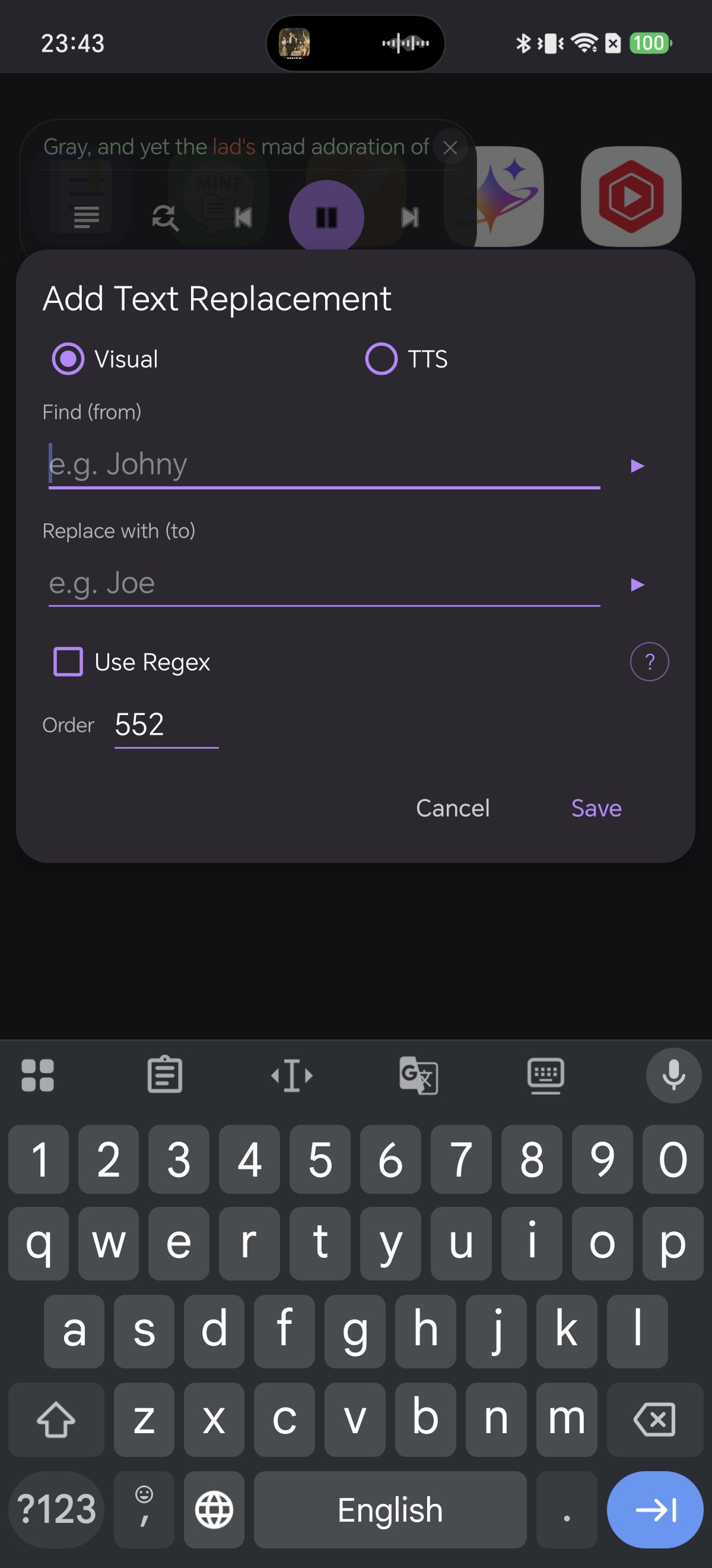 The Add Text Replacement dialog opened from the floating card, with Visual and TTS modes, Find from and Replace with to fields, a Use Regex checkbox and an order value