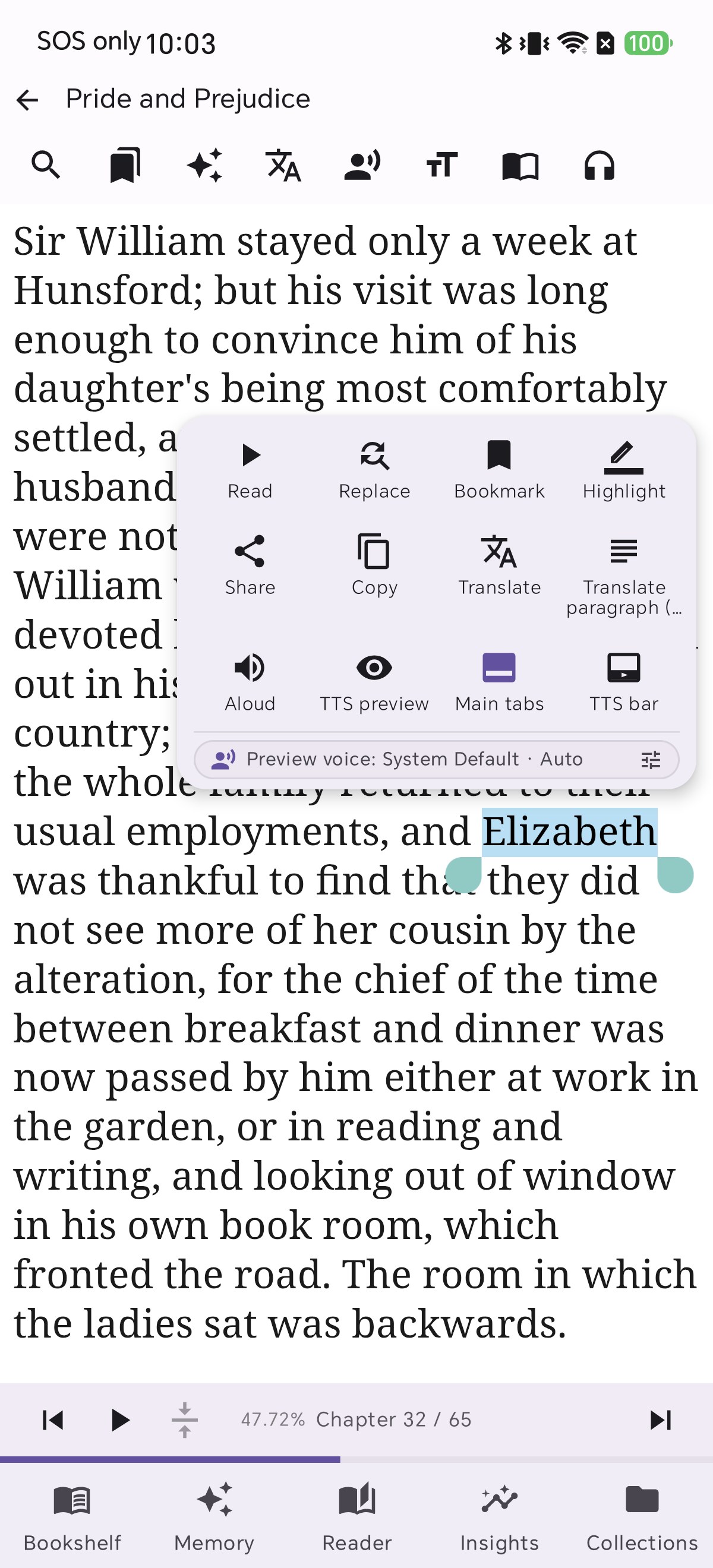 Select text in the Shiori EPUB reader and tap Highlight in the selection menu