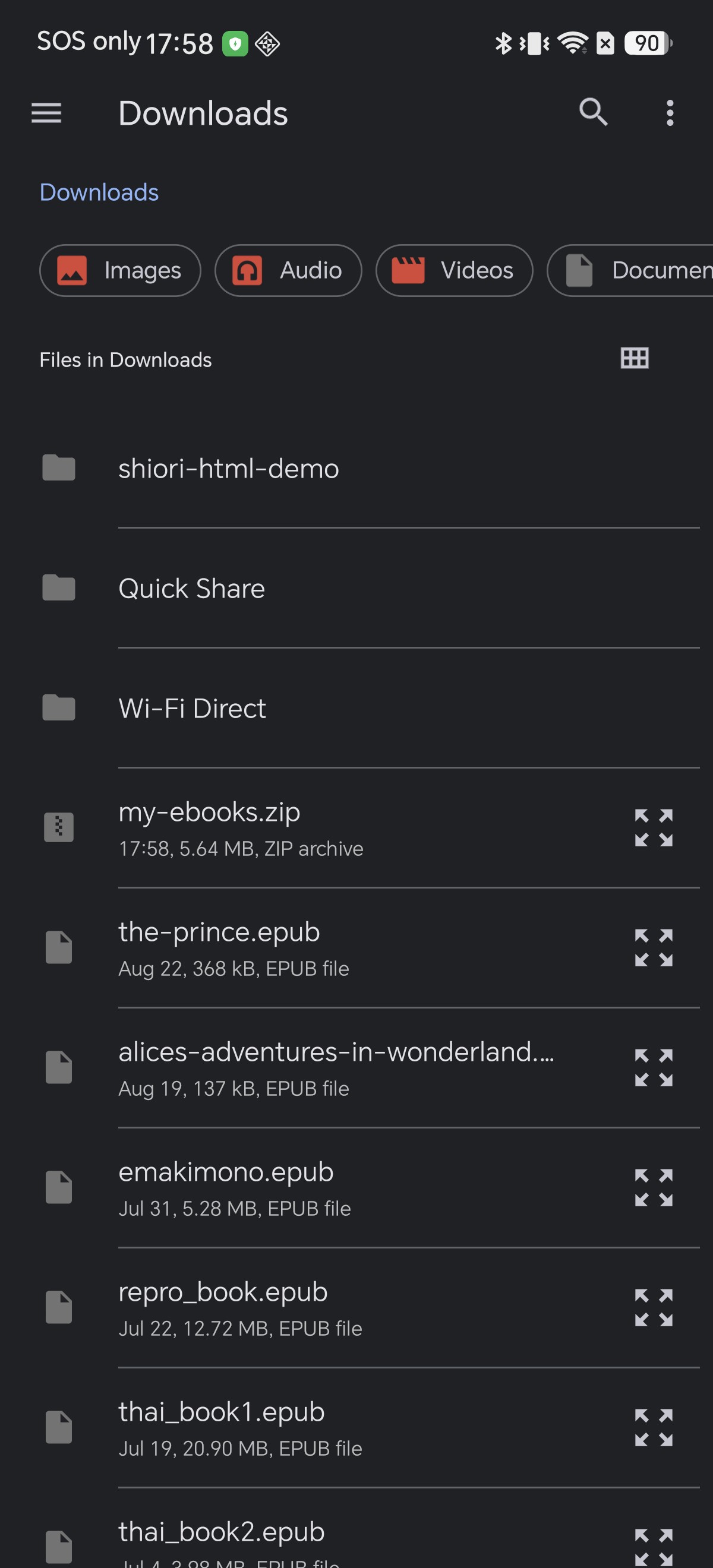 The Android file picker inside Shiori showing a ZIP archive named my-ebooks.zip listed alongside several EPUB files