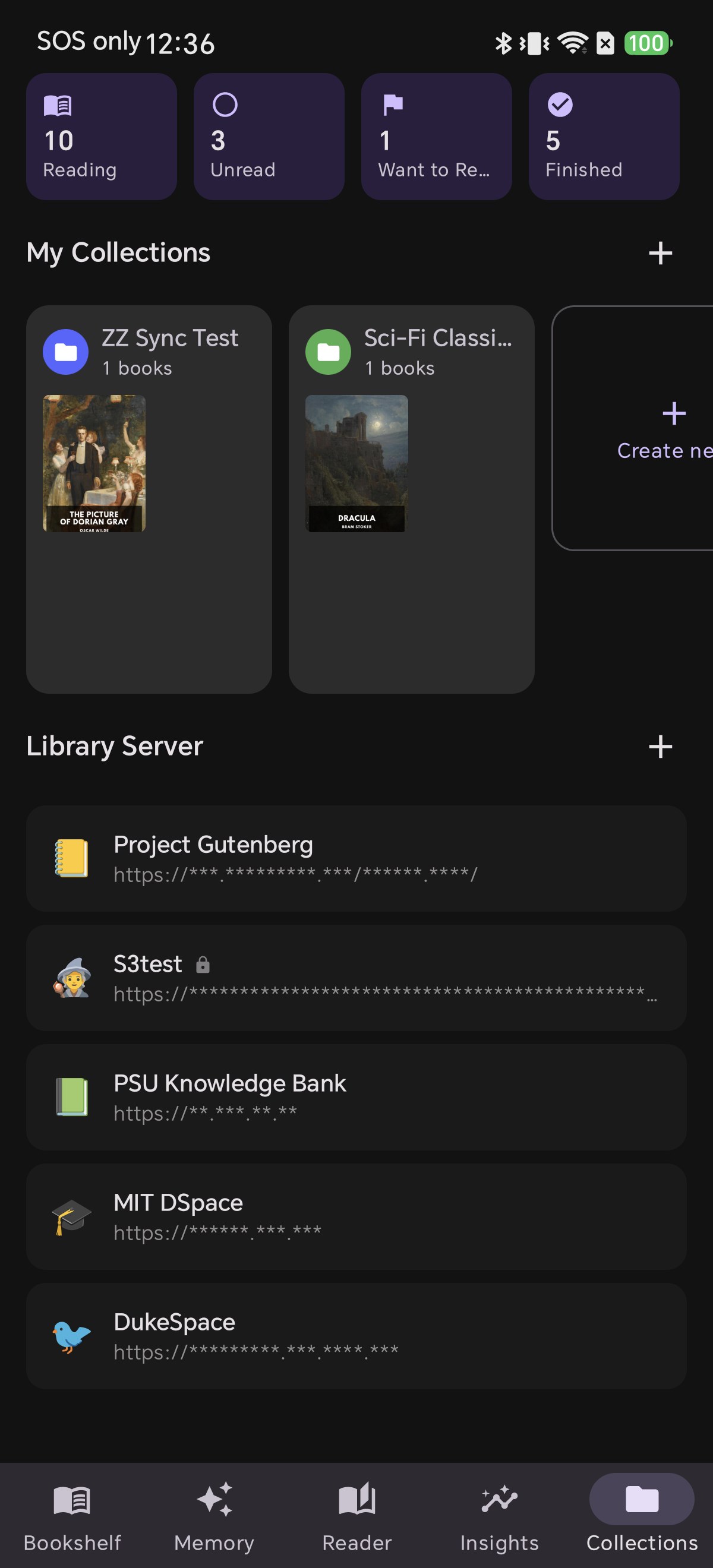 The Collections tab in Shiori showing reading-status tiles and custom collections
