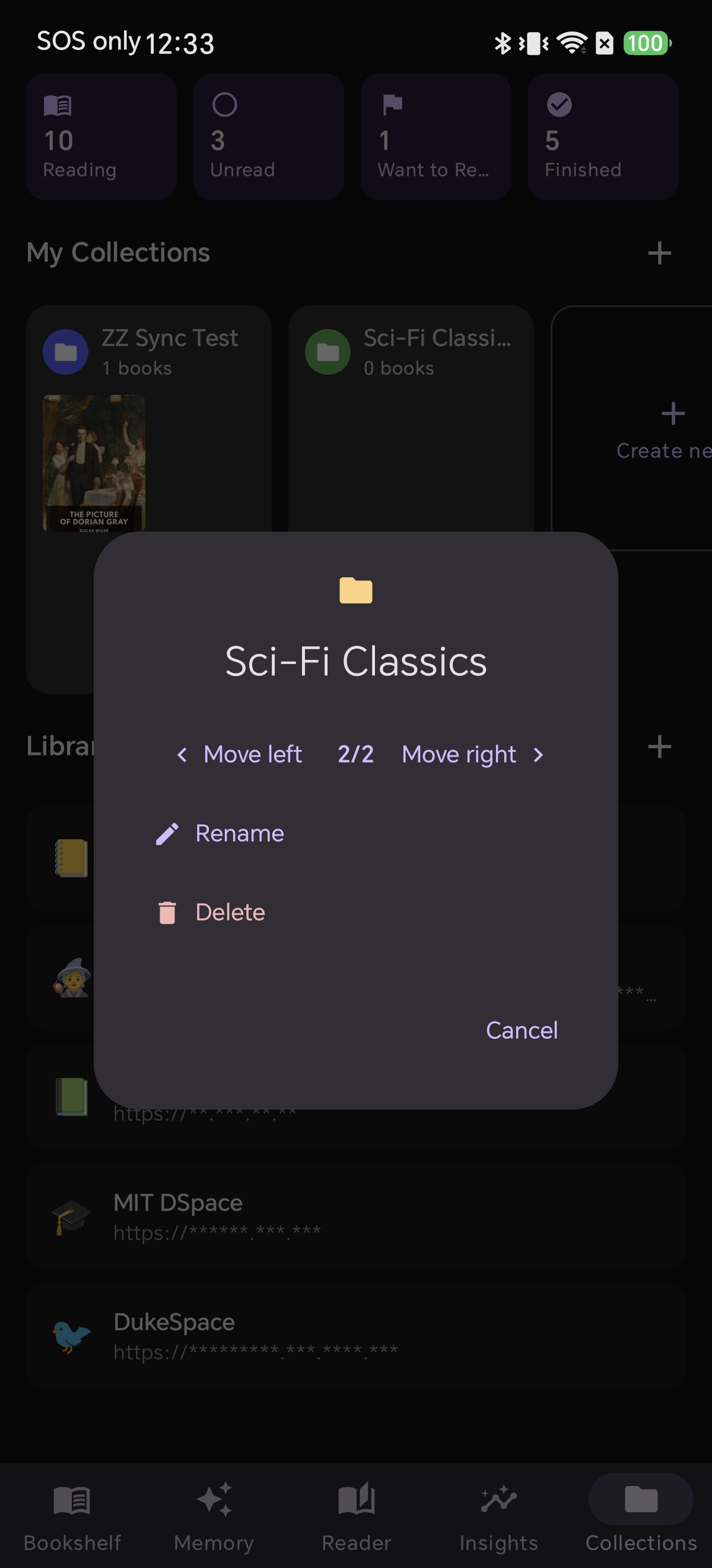 The manage menu for a collection in Shiori with rename, reorder and delete