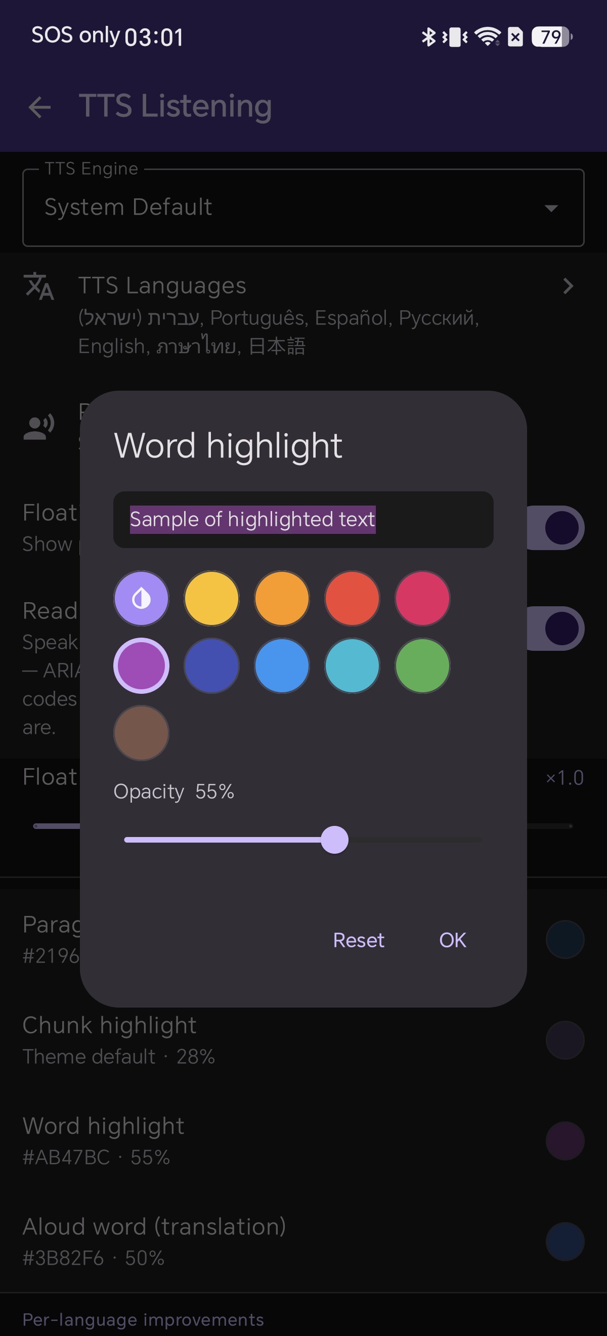 Word highlight color picker dialog showing 10 color swatches, opacity slider set to 55 percent, and sample text preview
