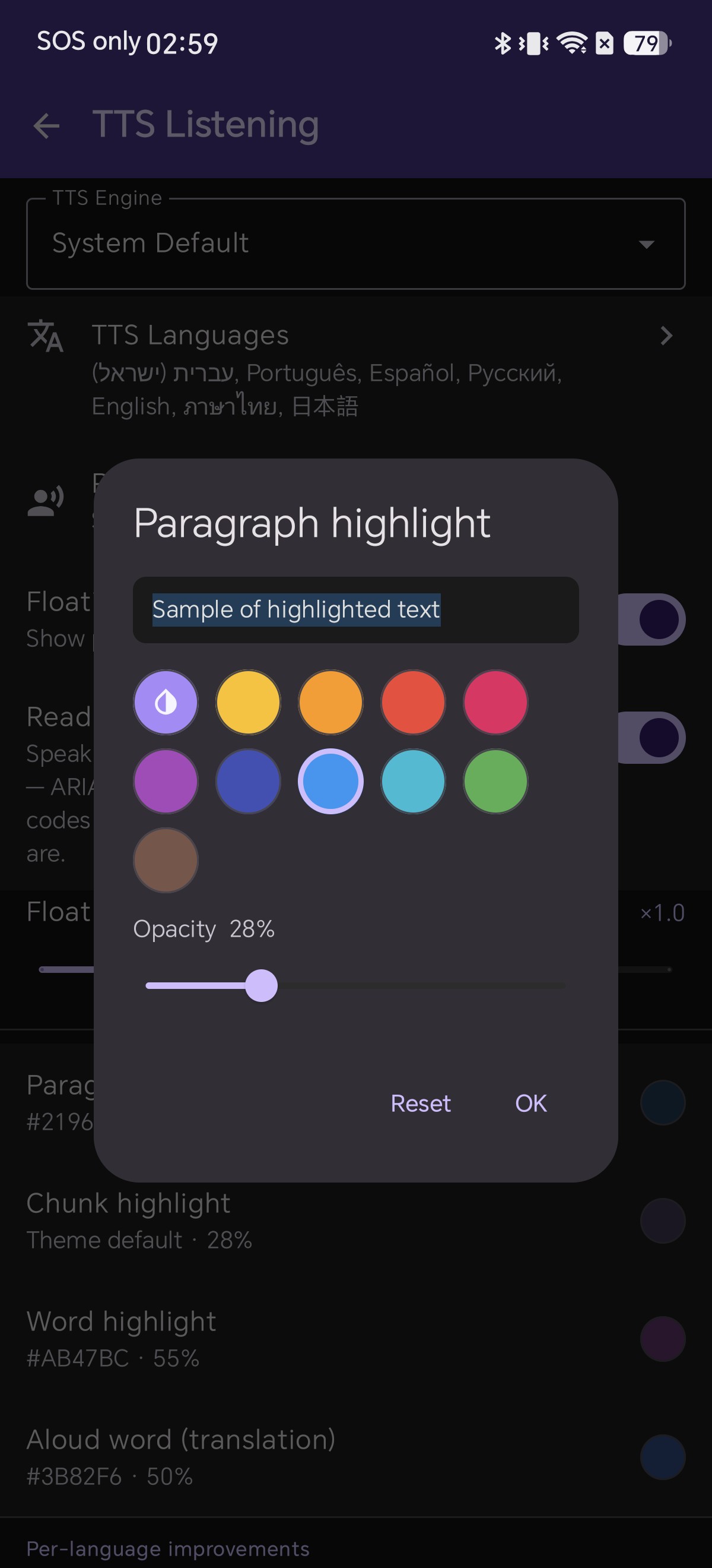 Paragraph highlight color picker dialog in Shiori showing color selection options and opacity slider set to 28 percent