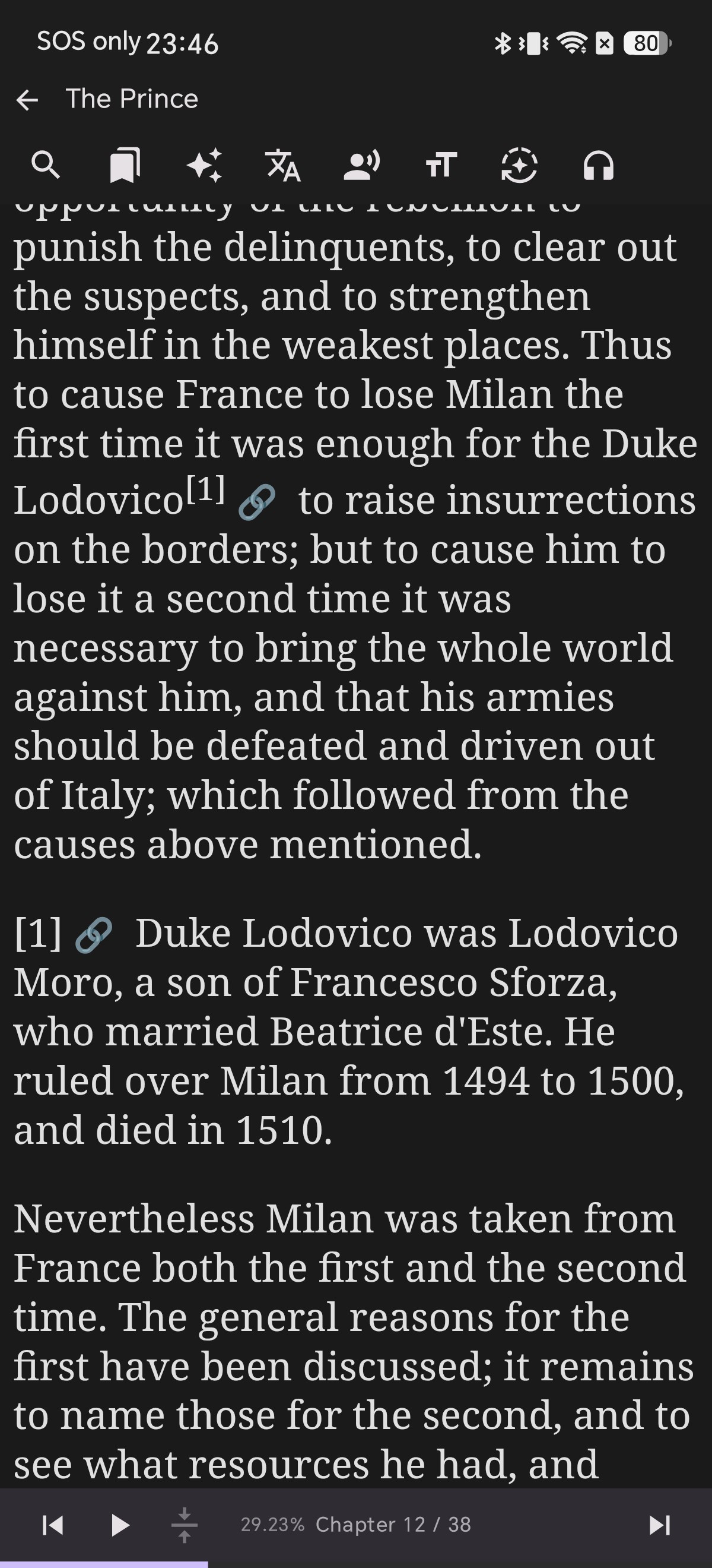 A page of Chapter III of The Prince showing an inline footnote reference Lodovico with superscript 1 and link icon