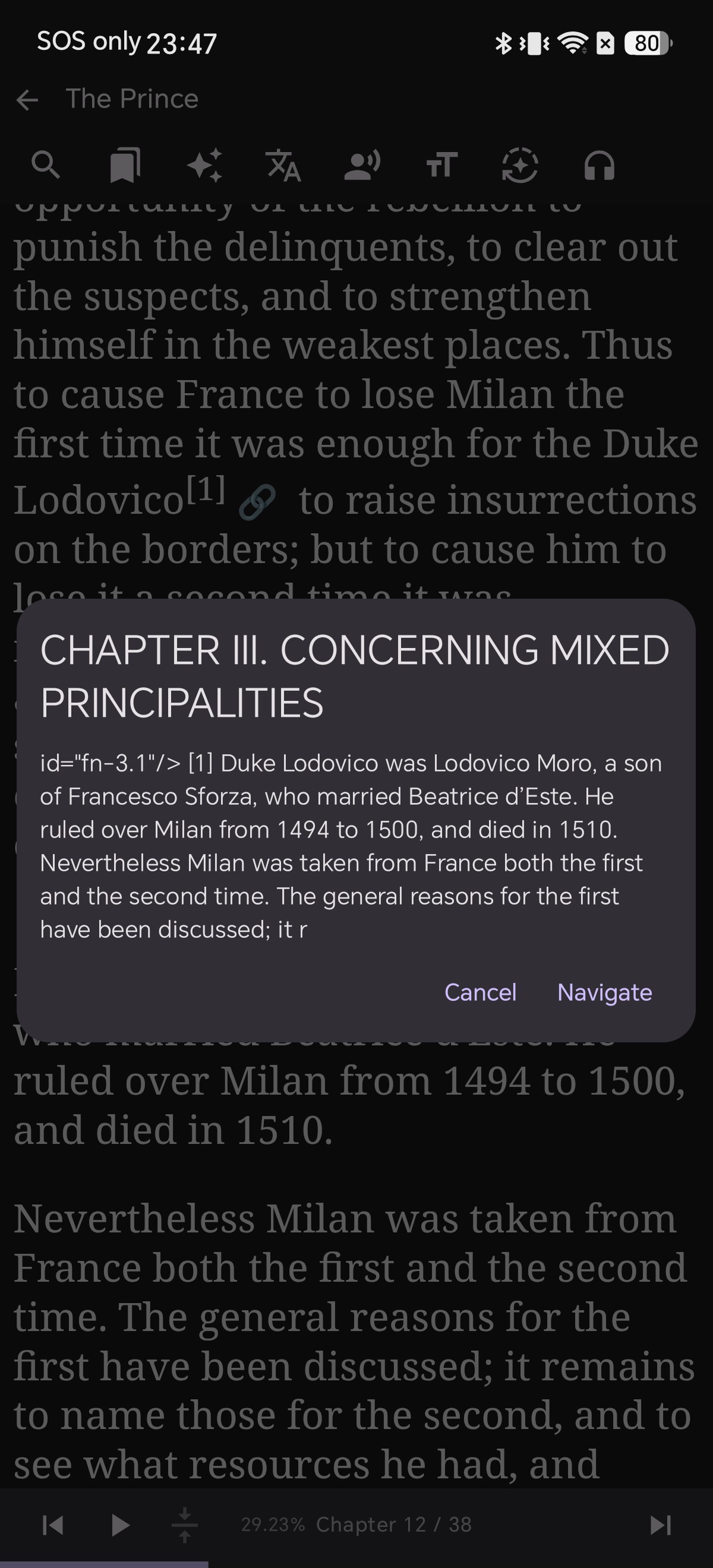 A preview popup card over the reading page showing the footnote text with Cancel and Navigate buttons