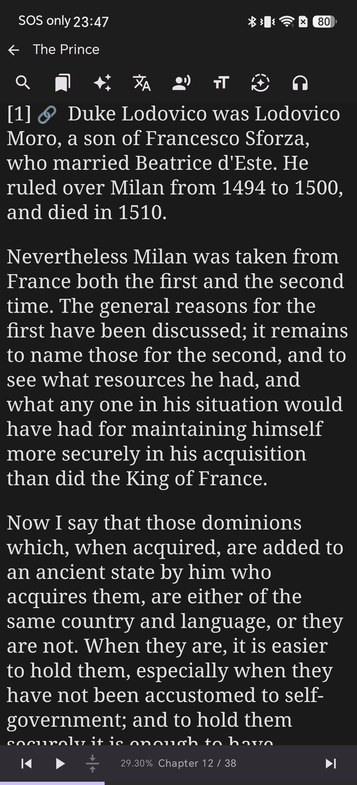 Reading screen scrolled to the footnote position inside the book while preserving reading state