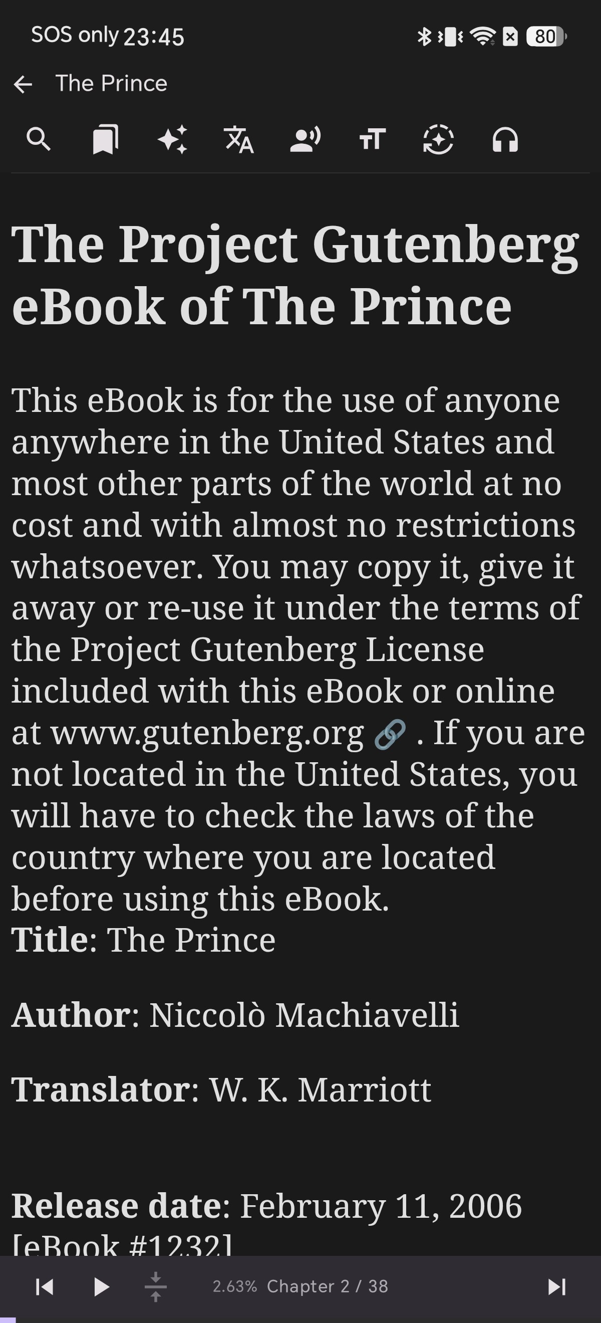 A page of front matter in The Prince mentioning www.gutenberg.org with a link icon marking it as an external link