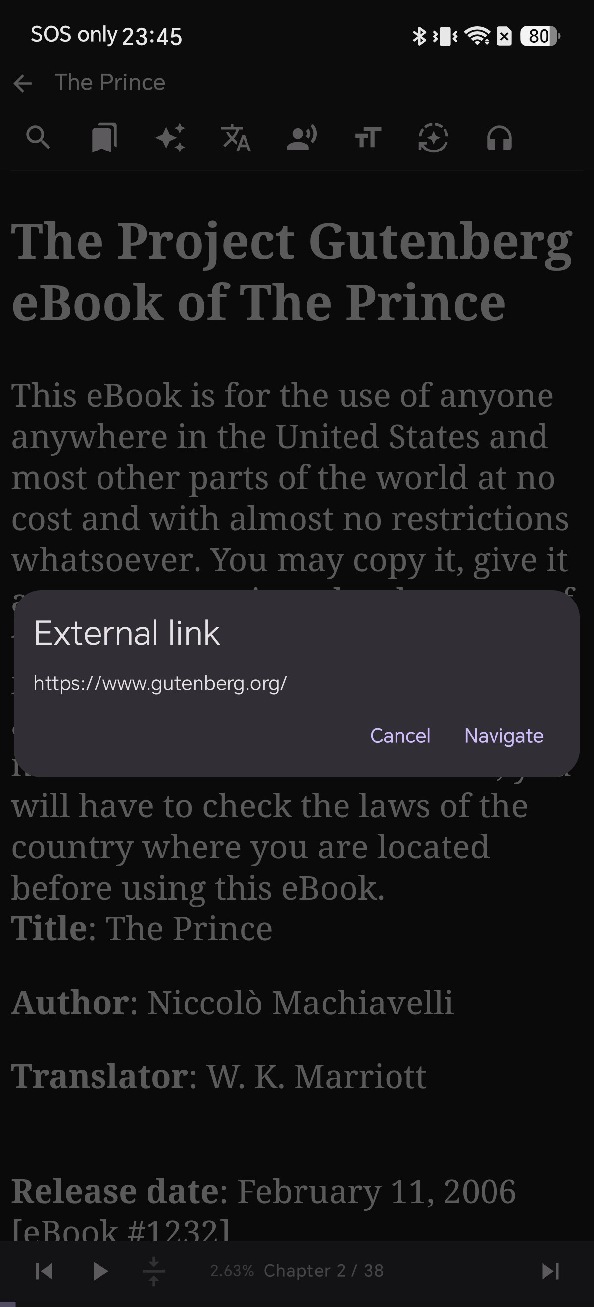 An External link confirmation dialog showing the full URL with Cancel and Navigate buttons overlaid on reading page
