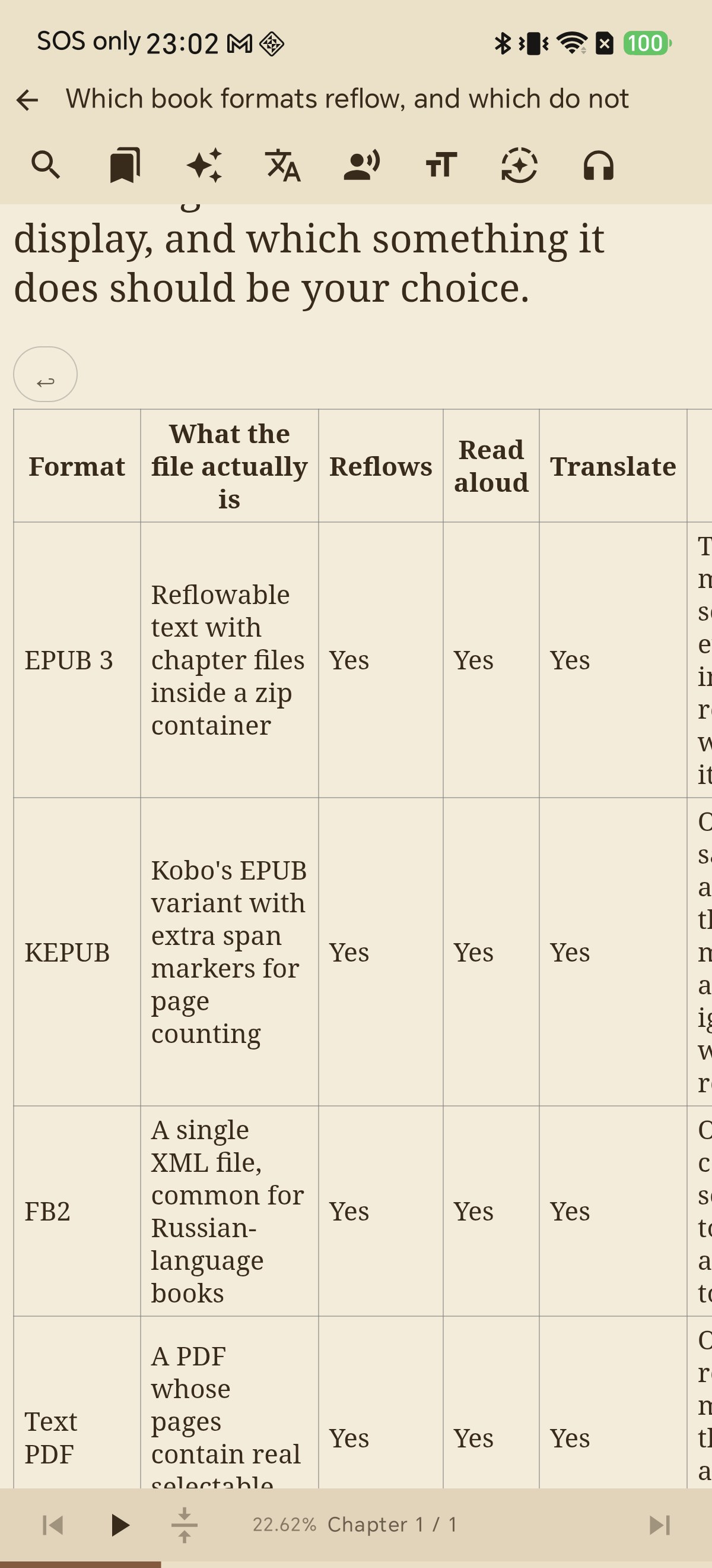 Six-column comparison table in Shiori with word wrap on and round toggle button