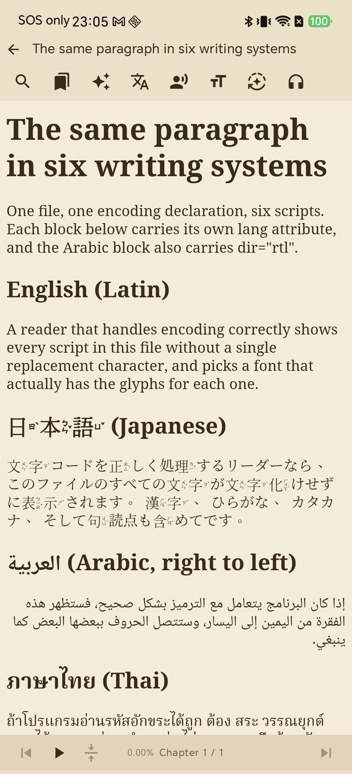 Imported HTML page showing English Japanese and Arabic right-to-left text